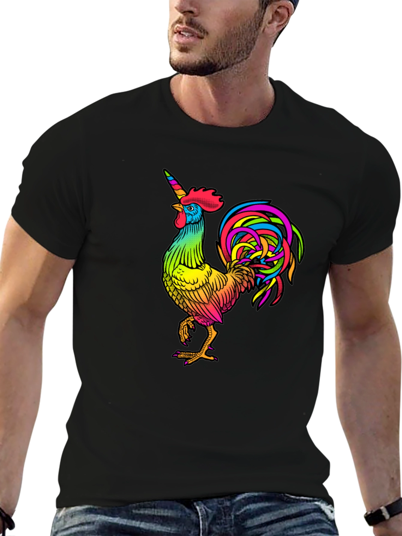 Black Rainbow Unicorn Rooster Graphic Tee view 6