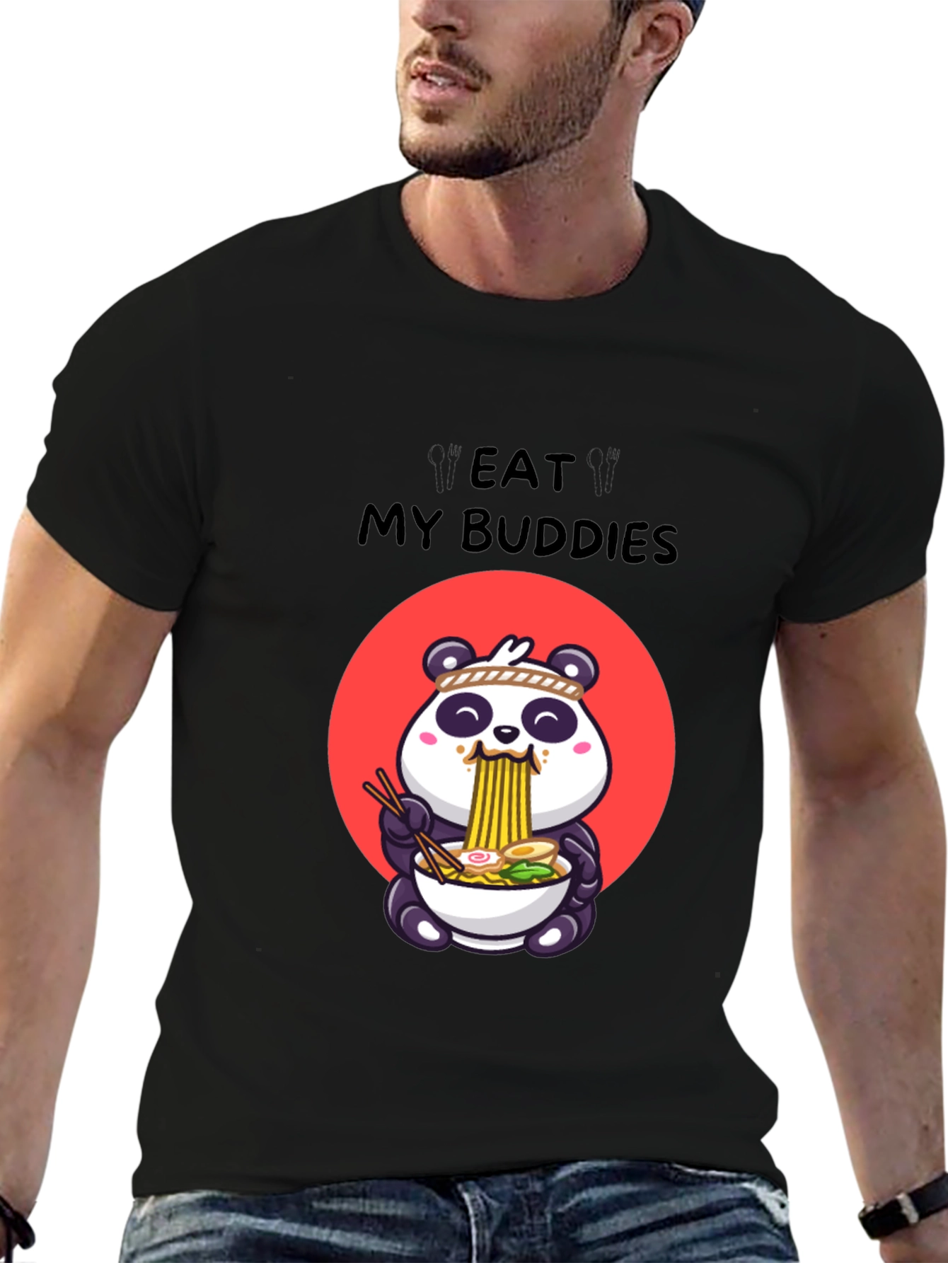 Black Eat My Buddies Panda Ramen T-Shirt view 6