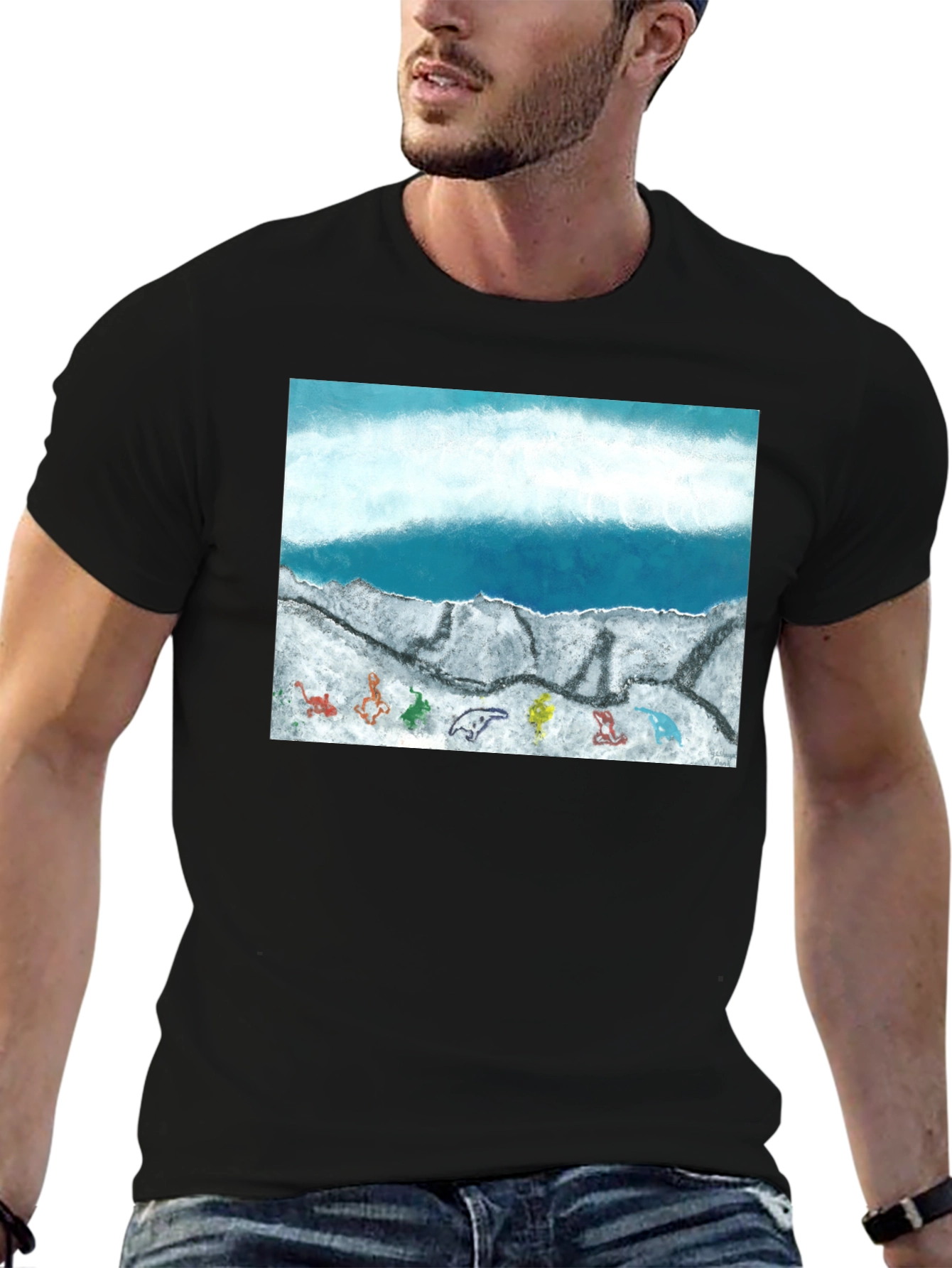 Ocean Scene Graphic Print Black T-Shirt - 6