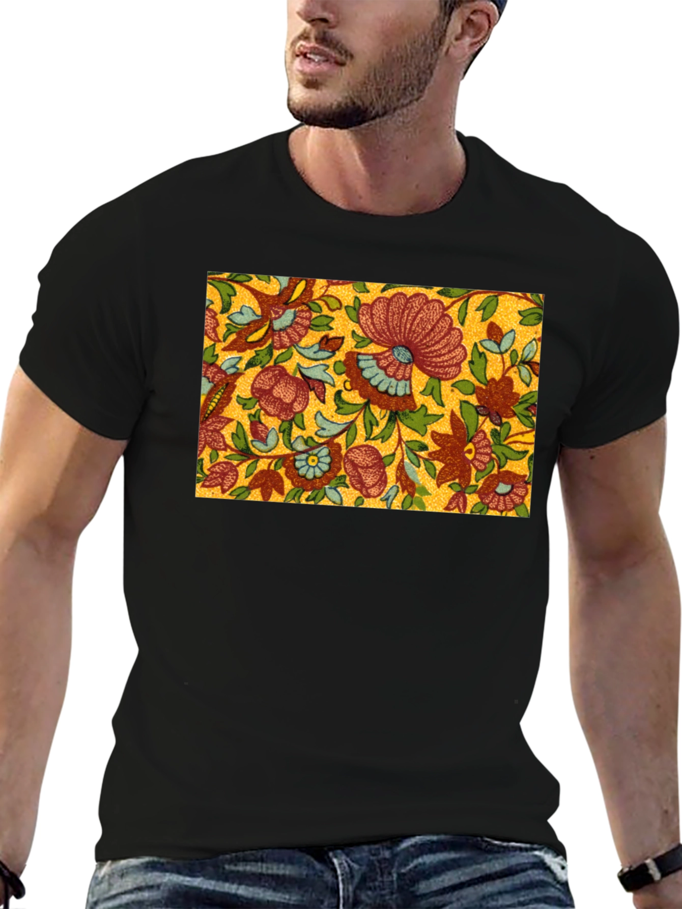 Black Floral Print Tee - Vintage Style Black T-Shirt view 6
