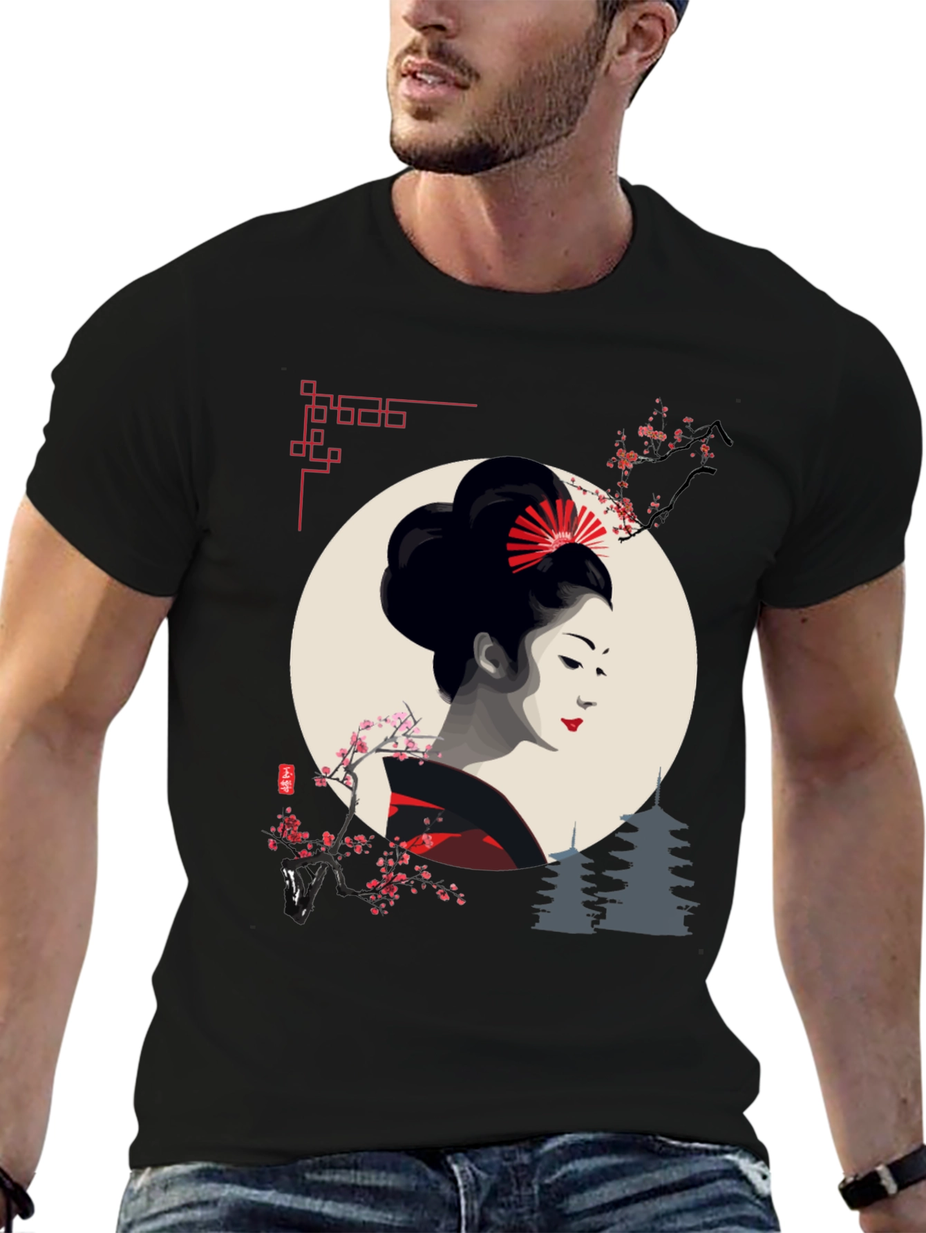 Black Geisha Graphic Print Black T-Shirt view 6