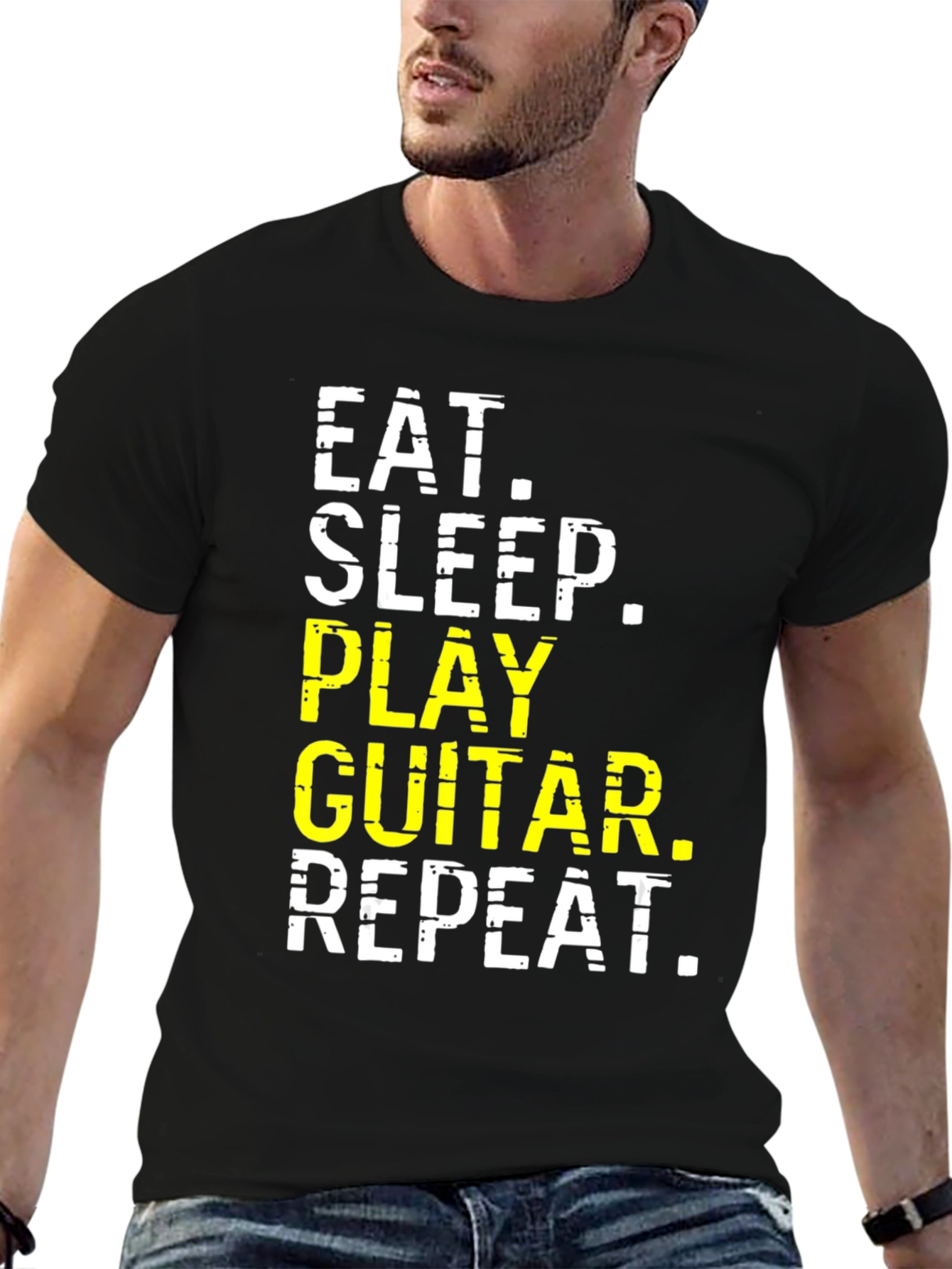 Black Eat Sleep Play Guitar Repeat Graphic Tee view 6