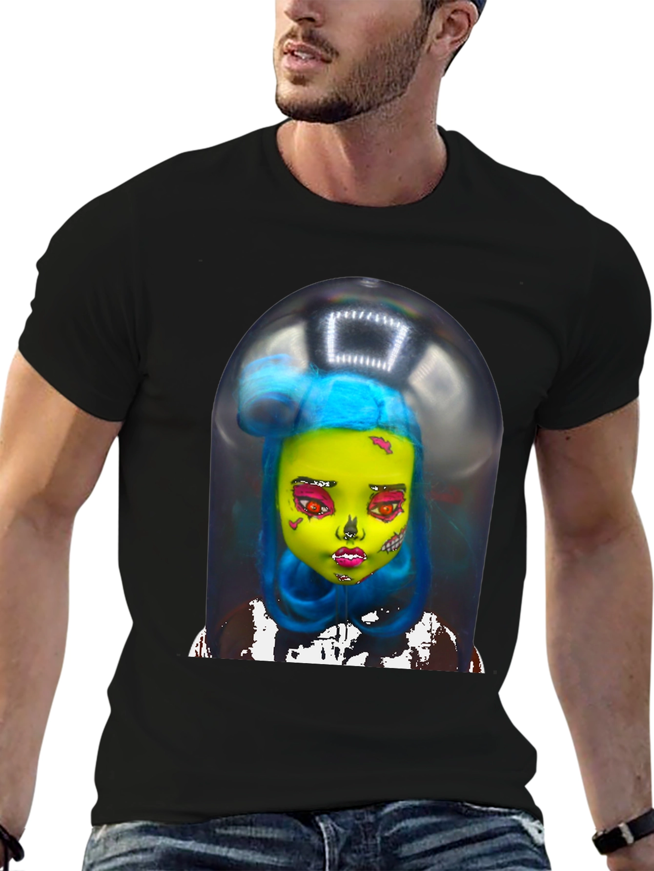 Black Surreal Doll Graphic Tee - Unique Art Shirt view 6