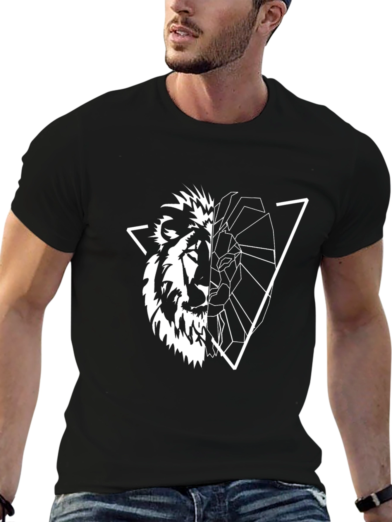 Black Geometric Lion Graphic Tee - Black view 6