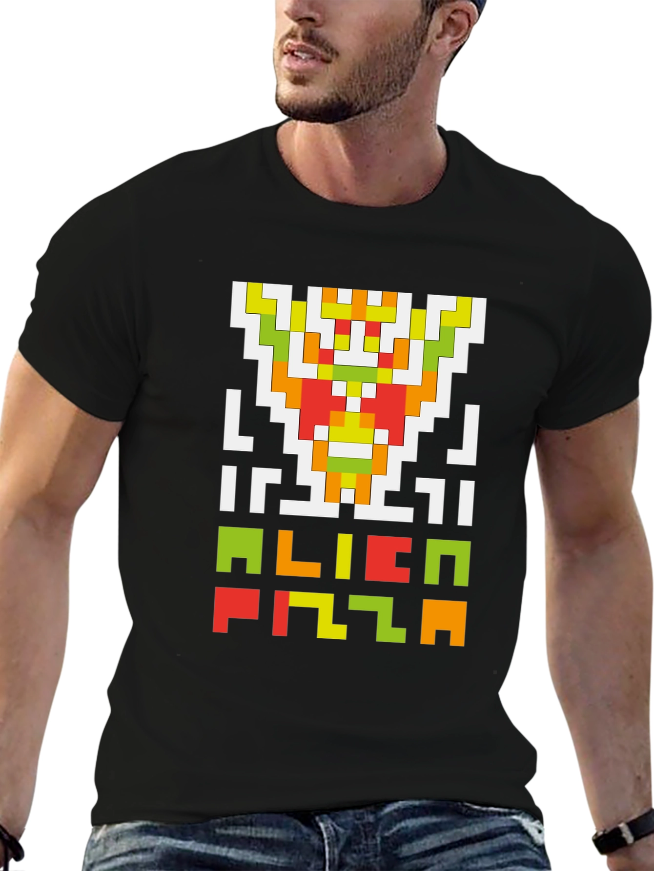 Black Alien Pizza Pixel Art Black T-Shirt view 6