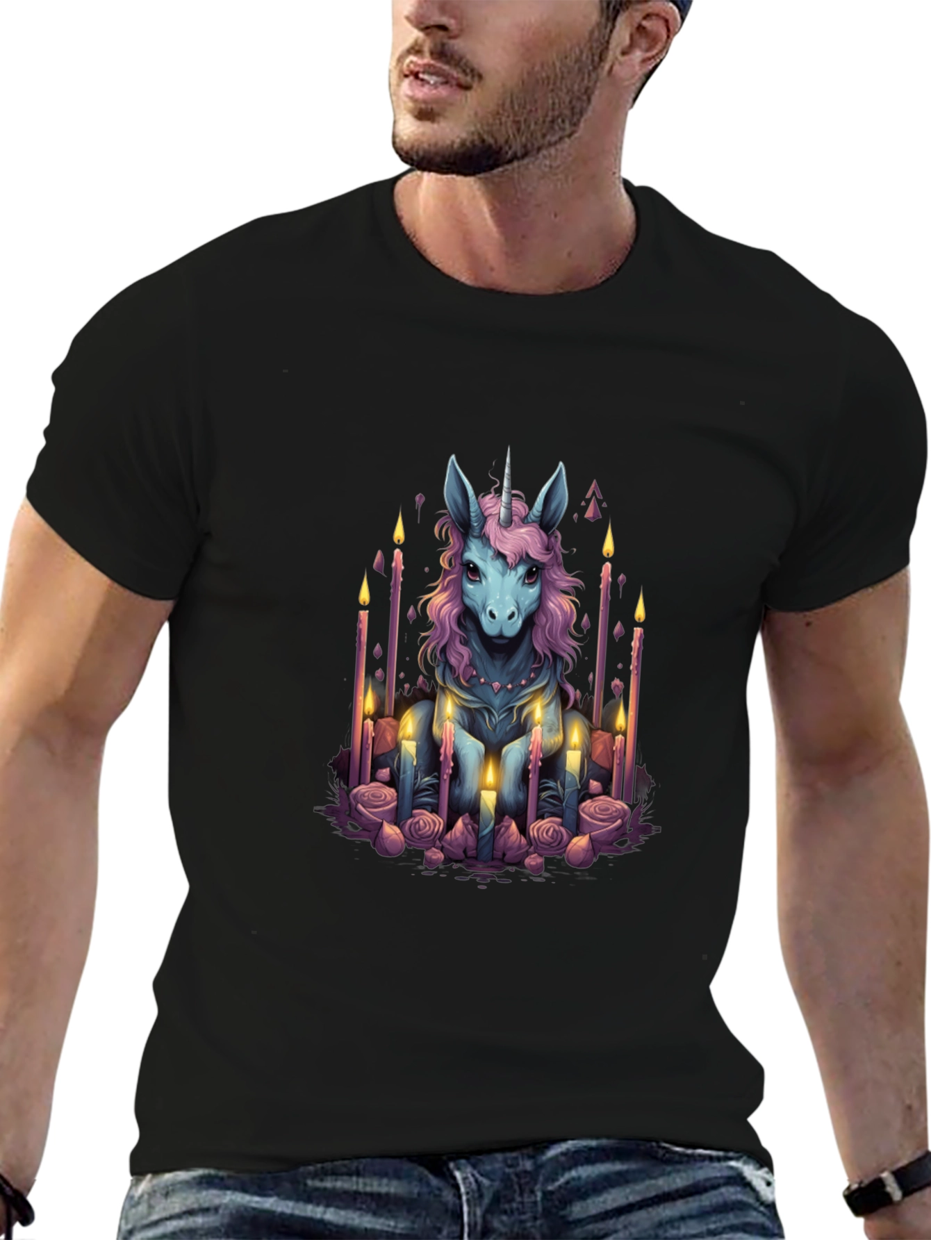 Black Unicorn Candle Graphic T-Shirt - Men's Black Tee view 6
