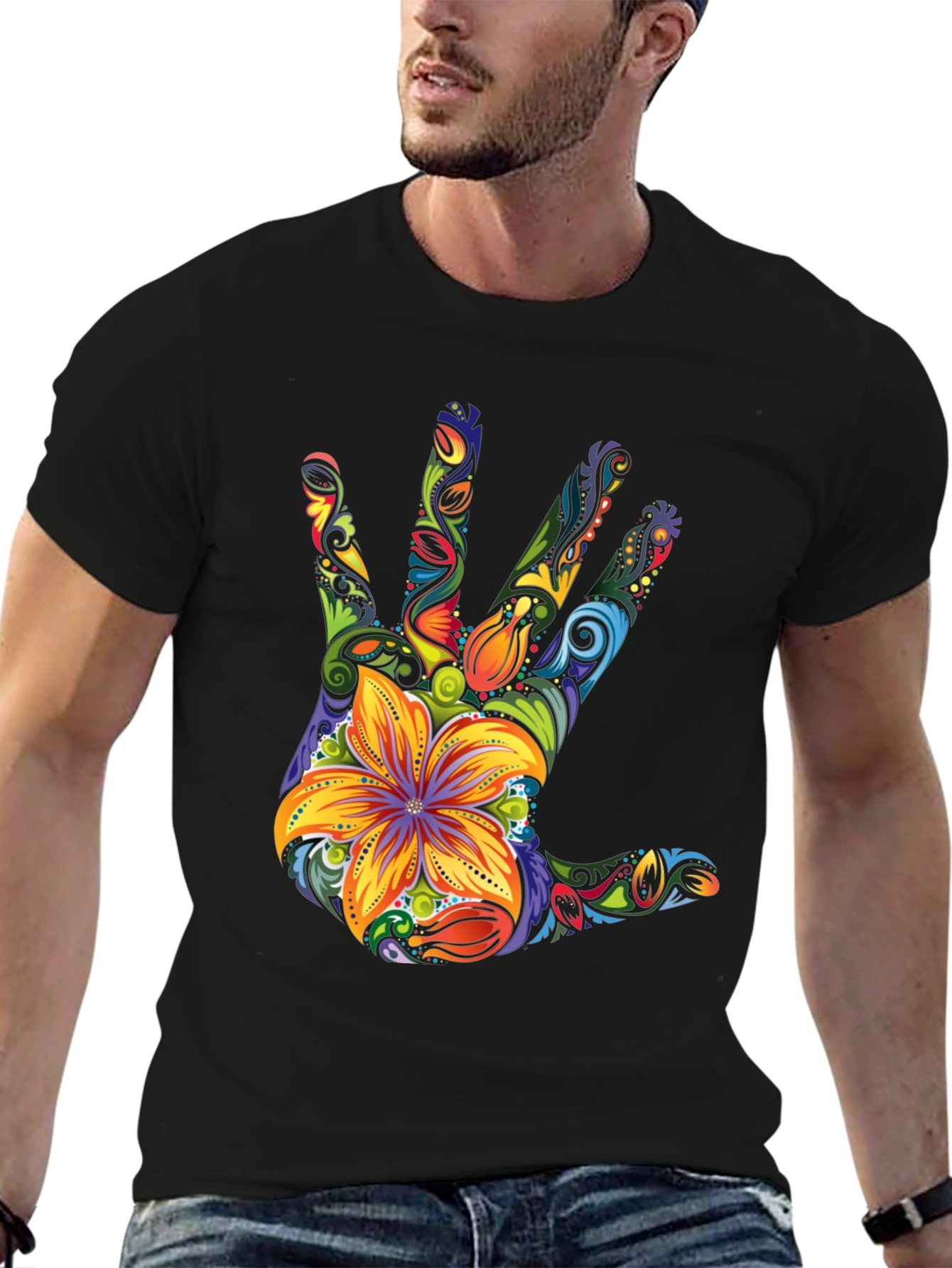 Black Floral Hand Print Black T-Shirt view 6
