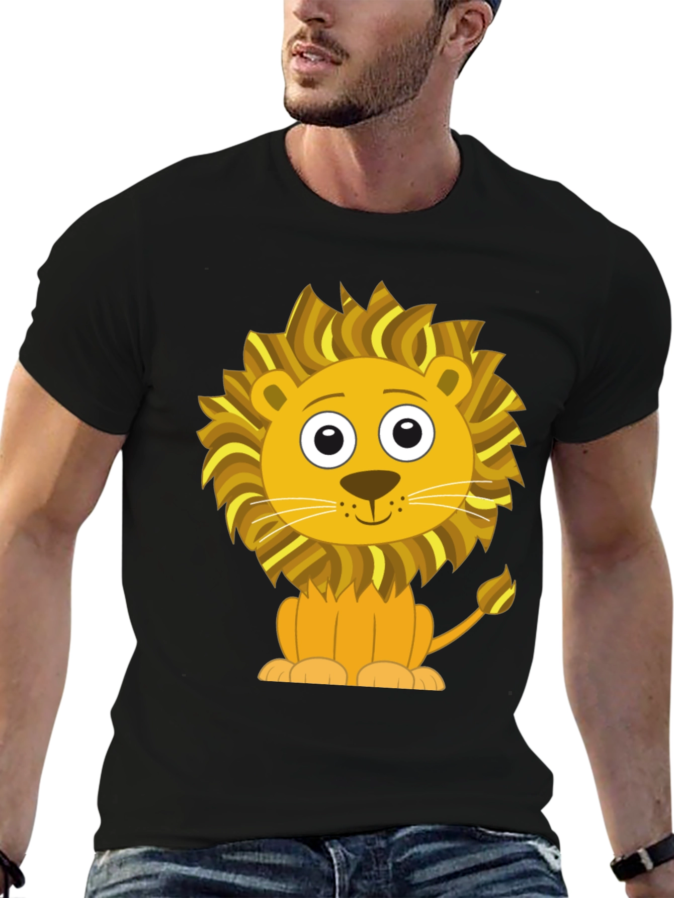 Black Cute Cartoon Lion Graphic T-Shirt - Black Cotton Tee view 6