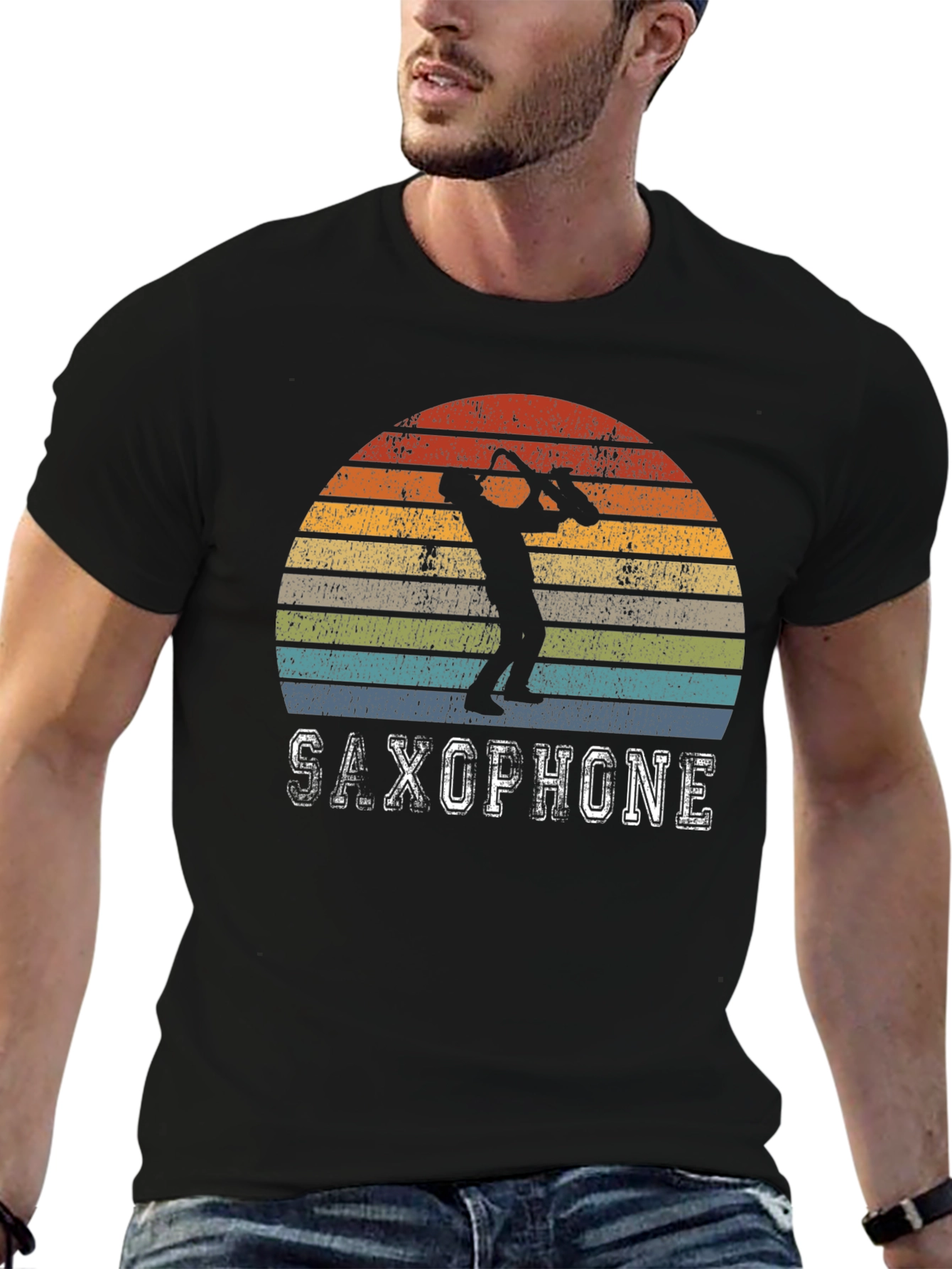 Black Retro Saxophone Player T-Shirt - Vintage Sunset Design view 6