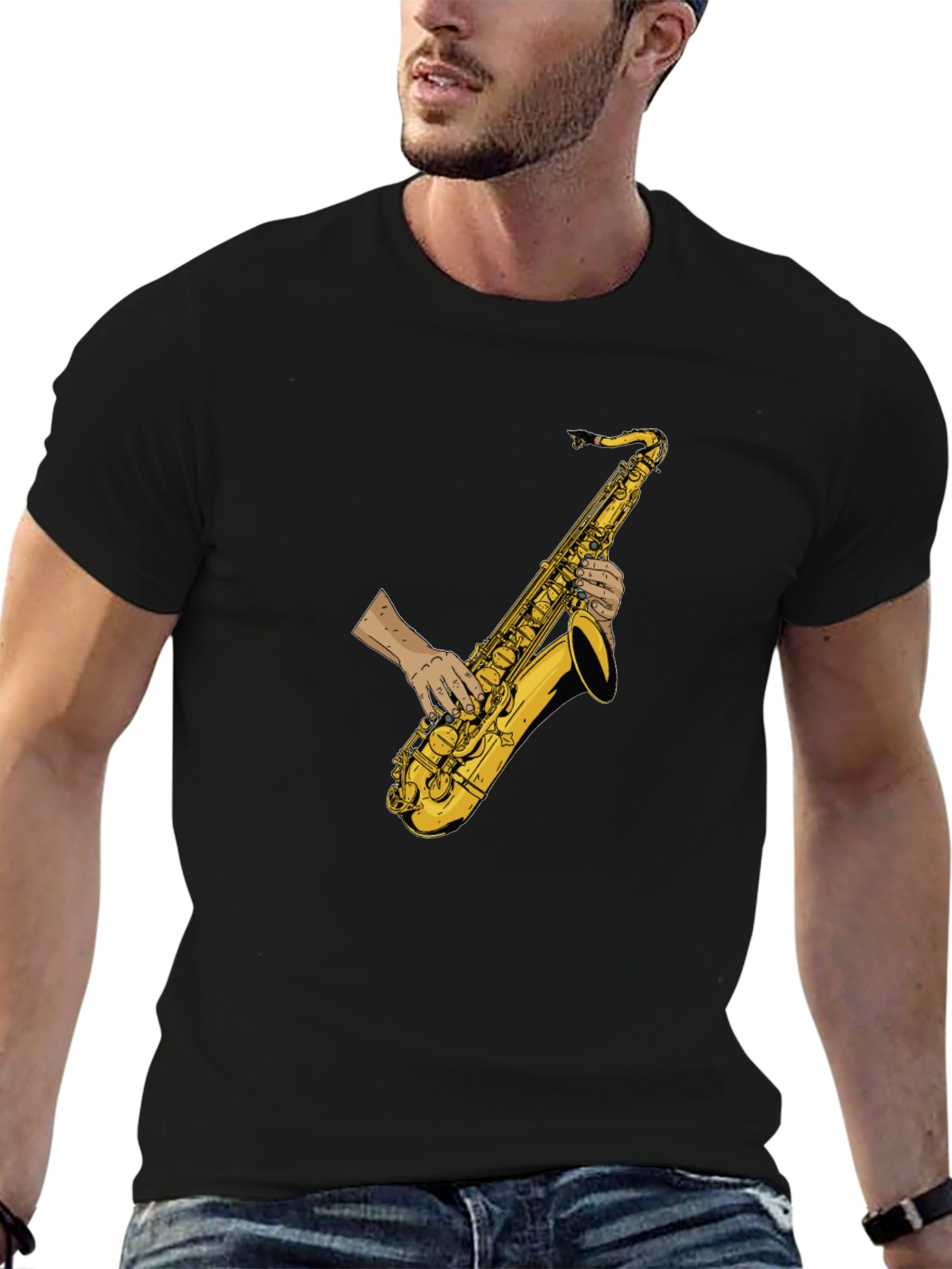Black Saxophone Player Graphic Tee - Black Cotton T-Shirt view 6