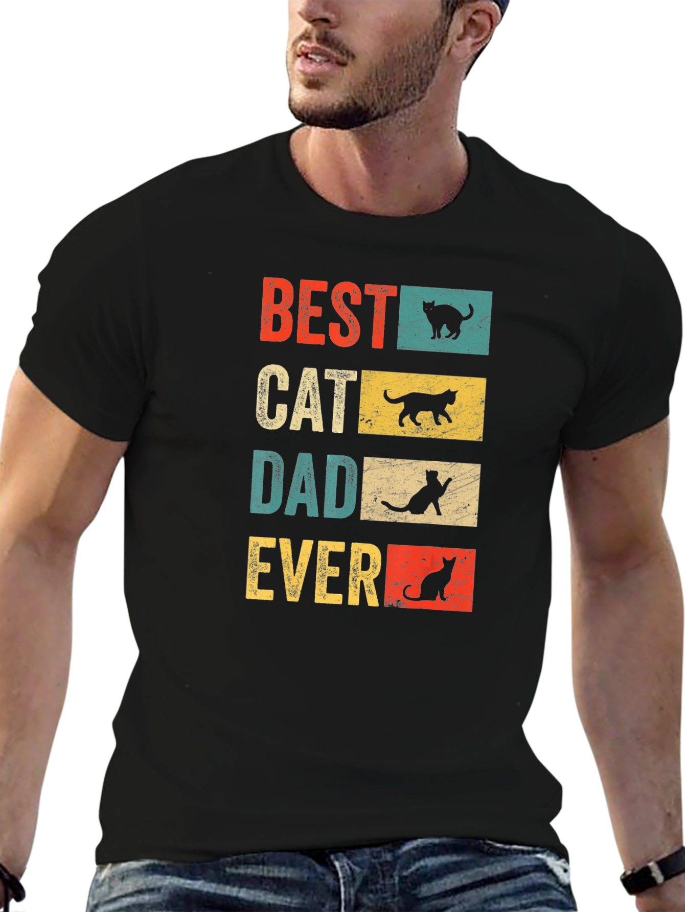 Black Best Cat Dad Ever T-Shirt - Vintage Design view 6