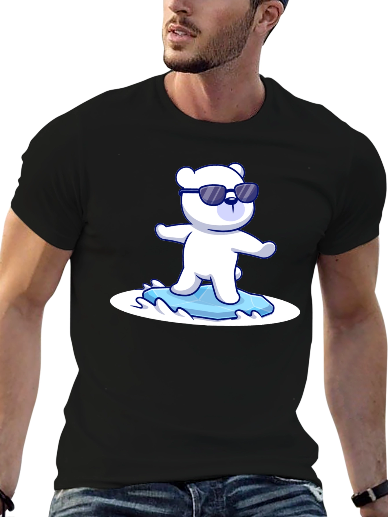 Black Cool Polar Bear Graphic Tee - Black Cotton T-Shirt view 6