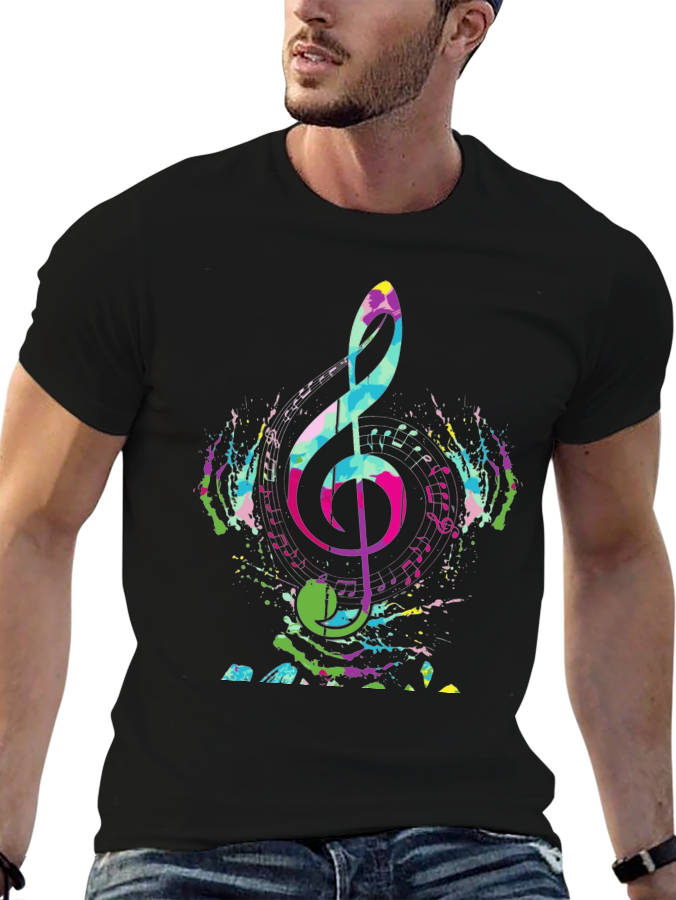 Black Colorful Music Note Graphic Tee - Black view 6