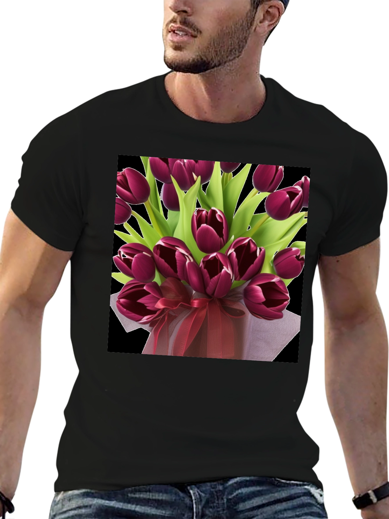 Black Tulip Bouquet Graphic Tee - Elegant Floral Design view 6