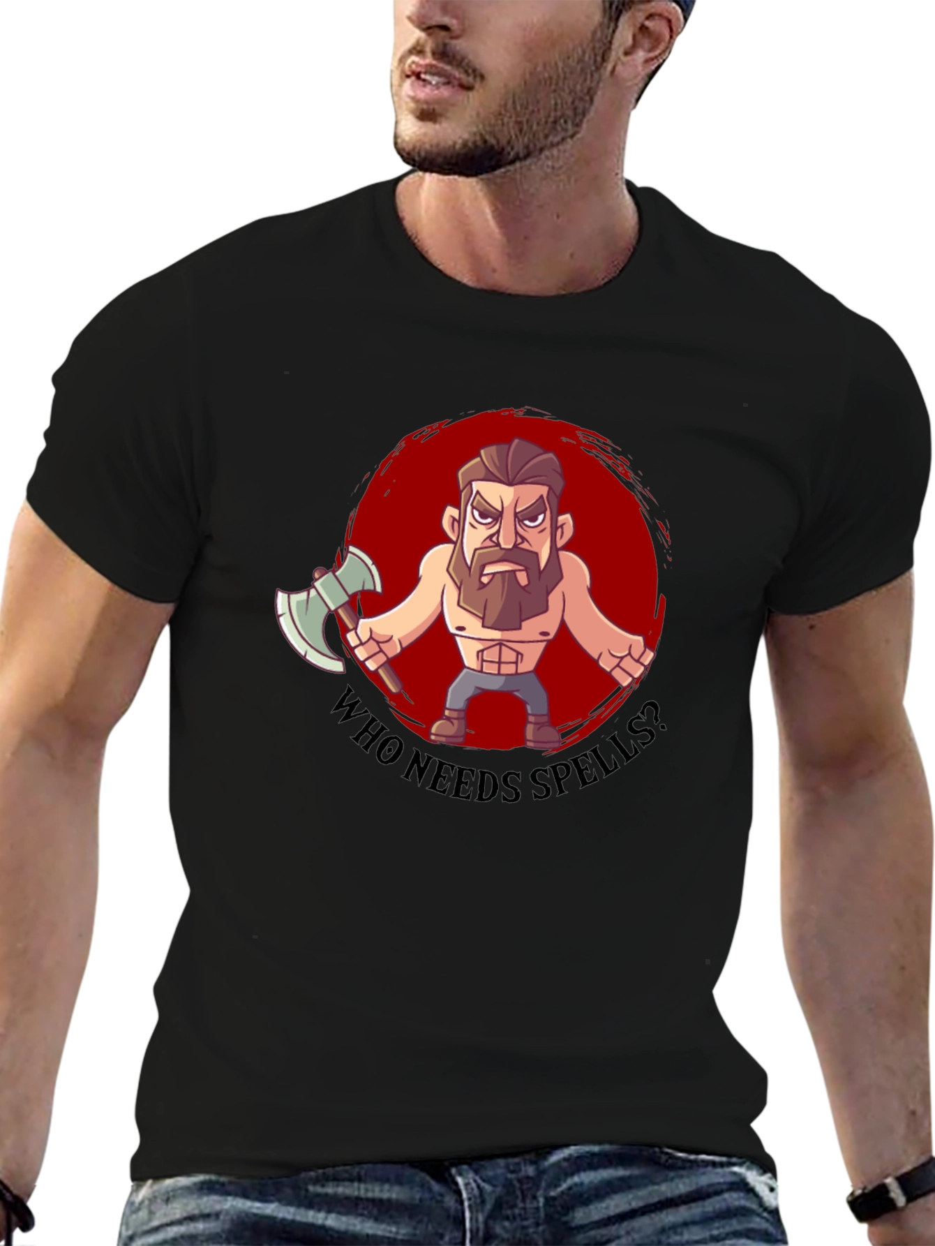 Black Barbarian Cartoon T-Shirt - Who Needs Spells? view 6