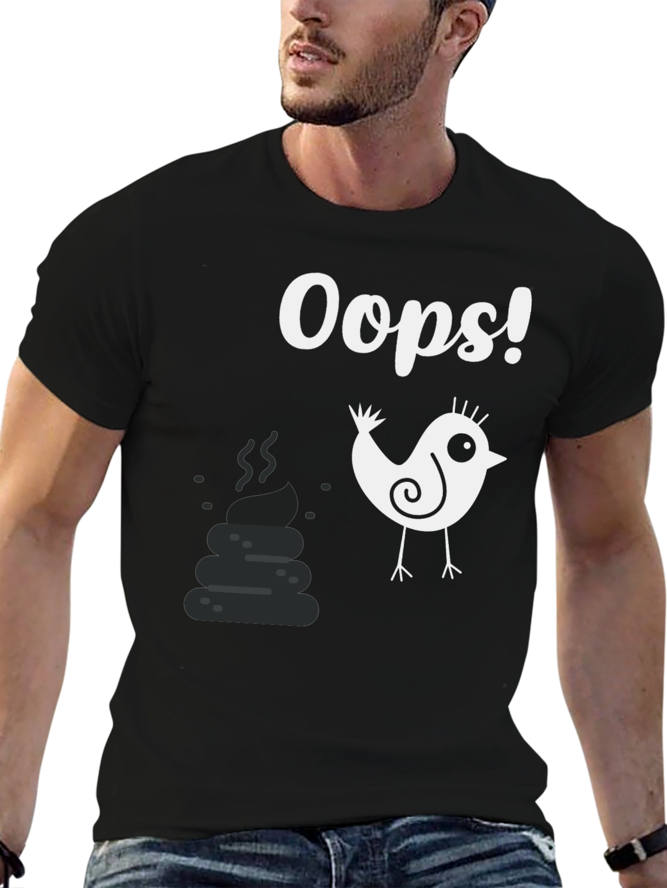 Black Oops! Bird Poop Graphic Tee - Funny Casual T-Shirt view 6