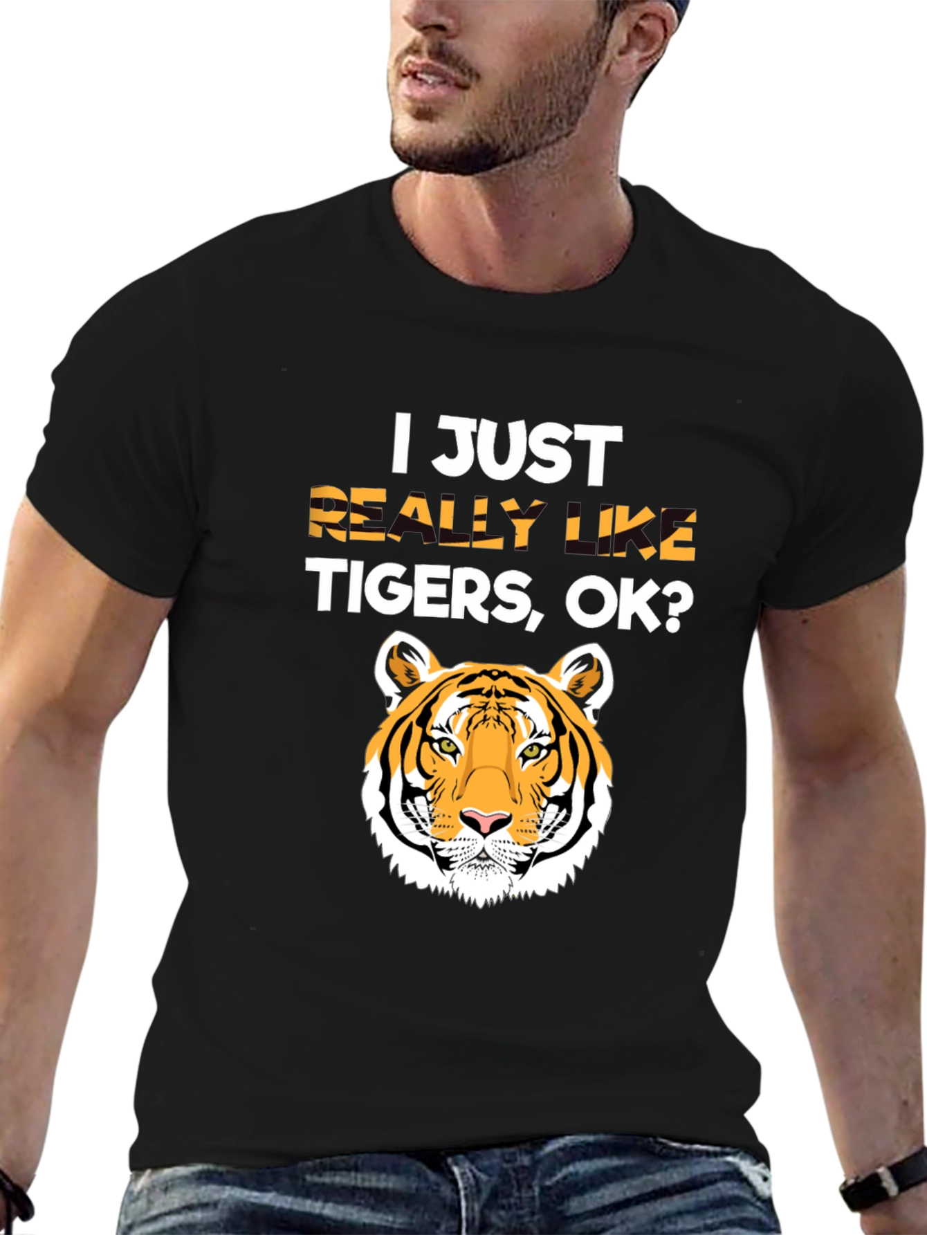 Black I Just Really Like Tigers, OK? T-Shirt view 6