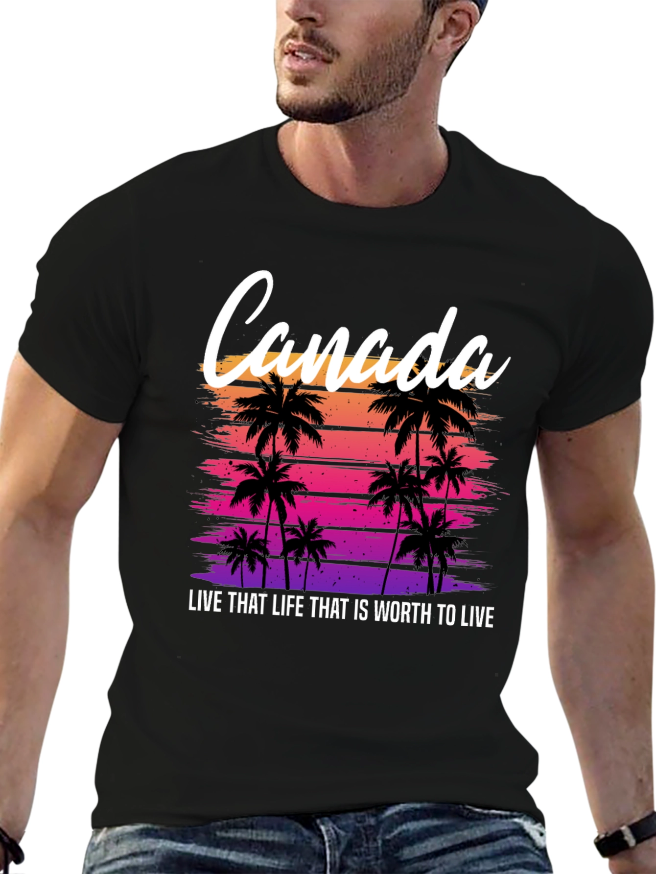 Black Canada Sunset Palm Tree T-Shirt - Live That Life Tee view 6