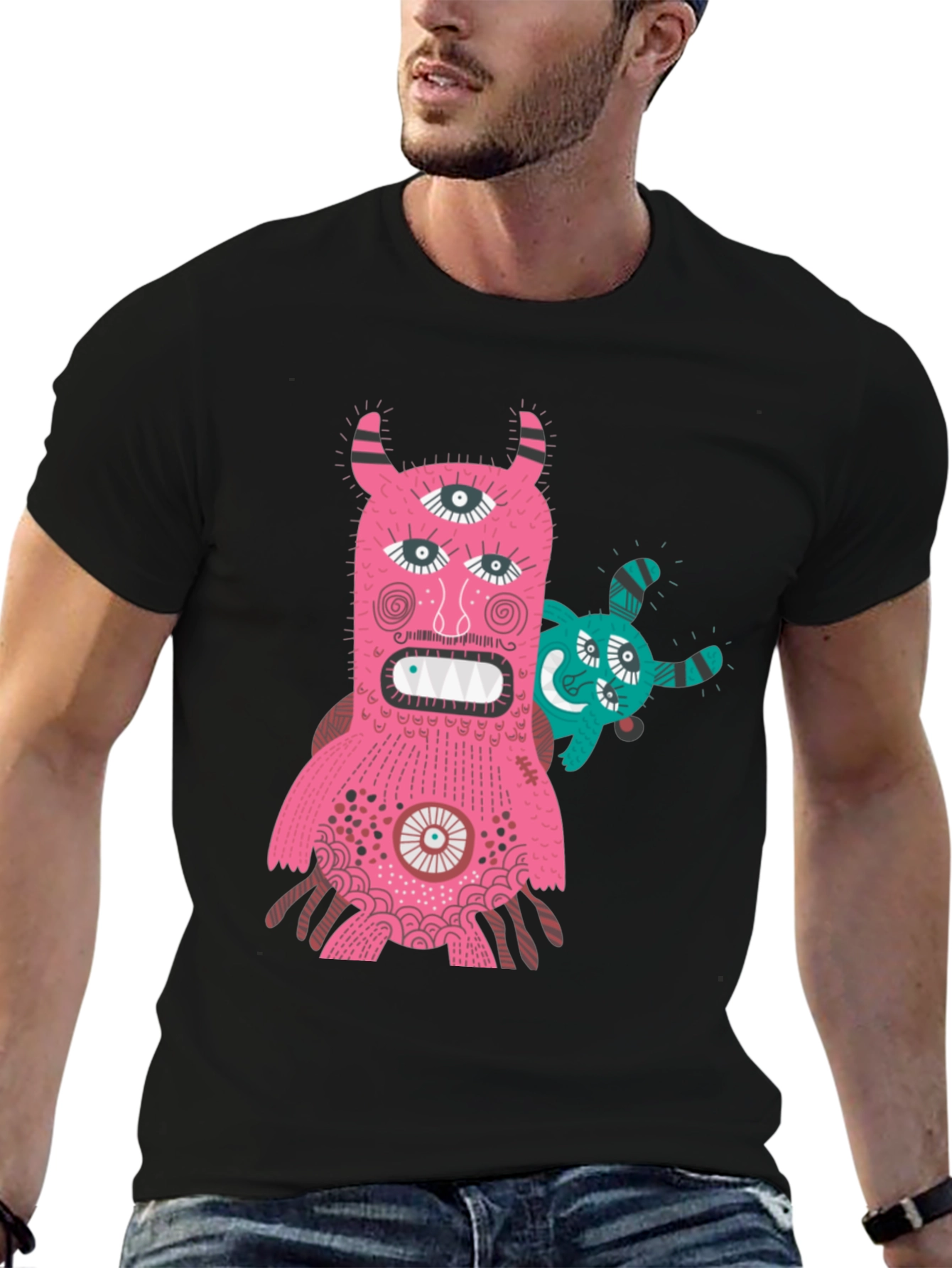 Black Monster Graphic Tee - Black T-Shirt with Fun Creature Design view 6