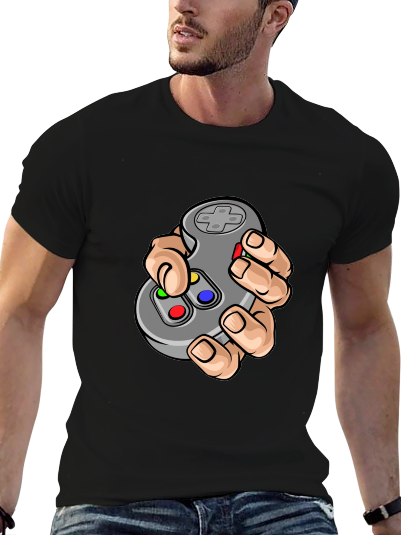 Black Gamer T-Shirt - Cartoon Controller Graphic Tee view 6