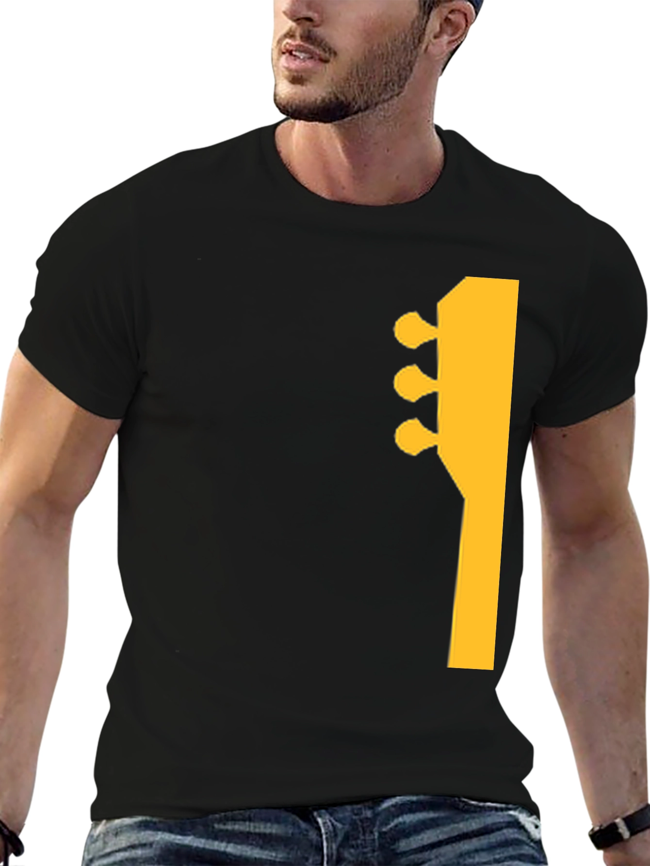 Black Guitar Headstock Graphic Tee - Black Cotton Casual Shirt view 6
