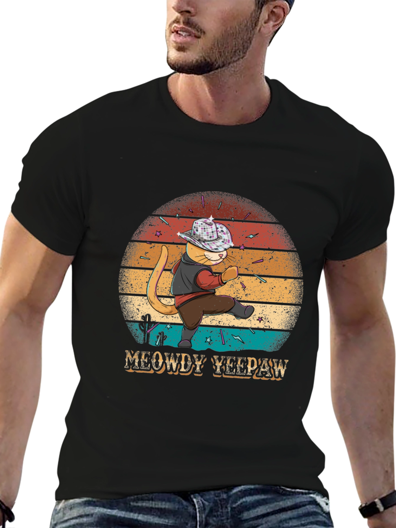 Black Meowdy Yee Paw T-Shirt - Cowboy Cat Tee view 6