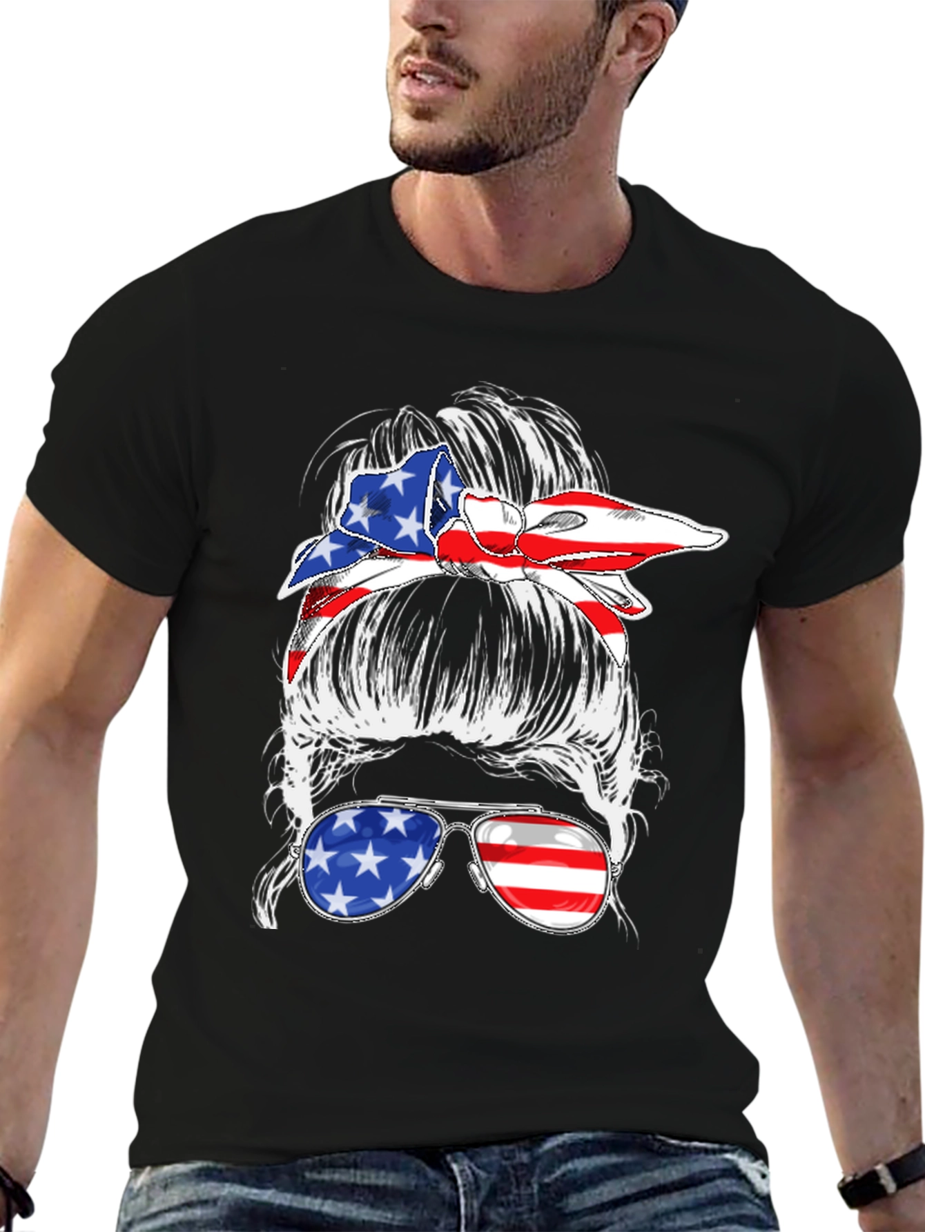 Black Messy Bun American Flag T-Shirt view 6