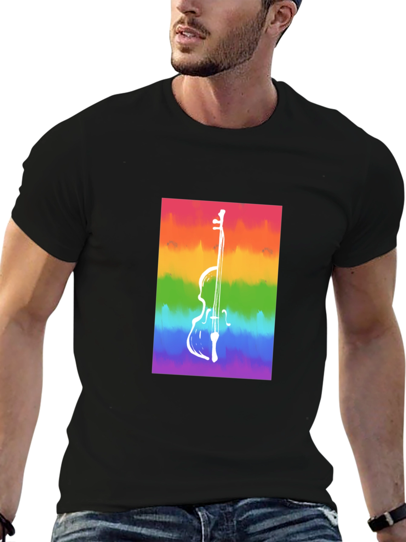 Black Rainbow Cello Graphic Tee - Black Cotton Casual Shirt view 6