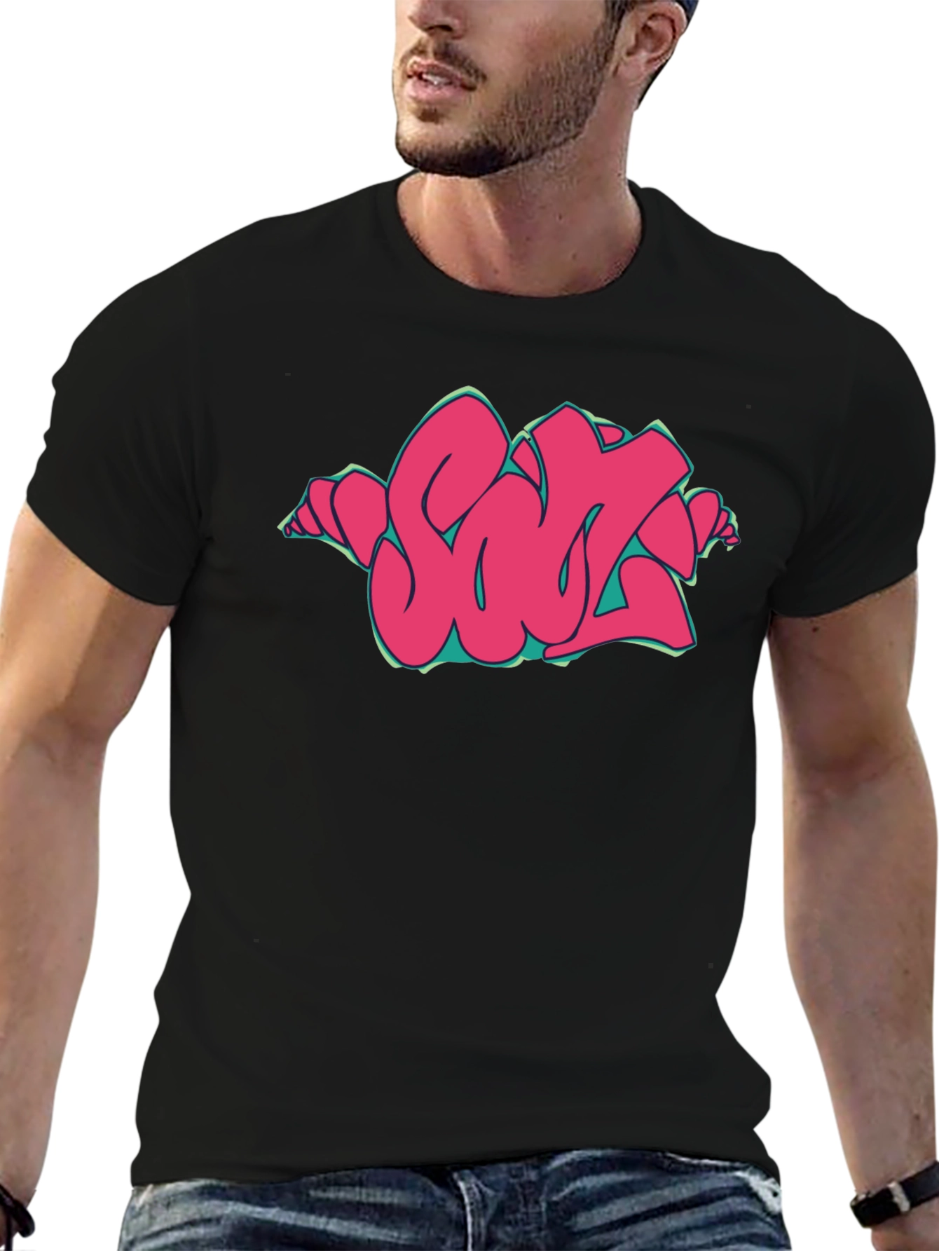 Black Graffiti Style Pink Graphic Print Black T-Shirt view 6