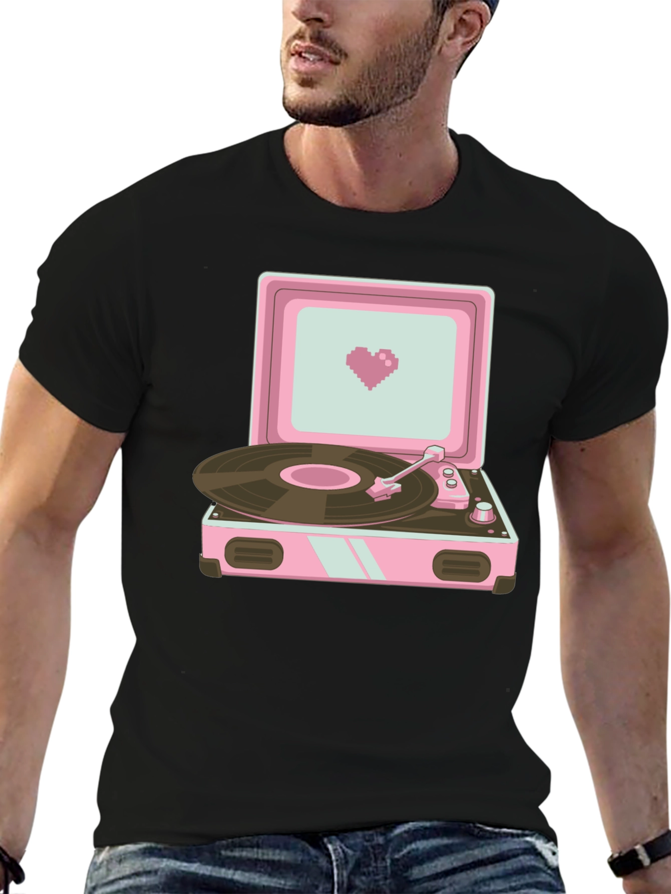 Black Retro Record Player Graphic T-Shirt view 6