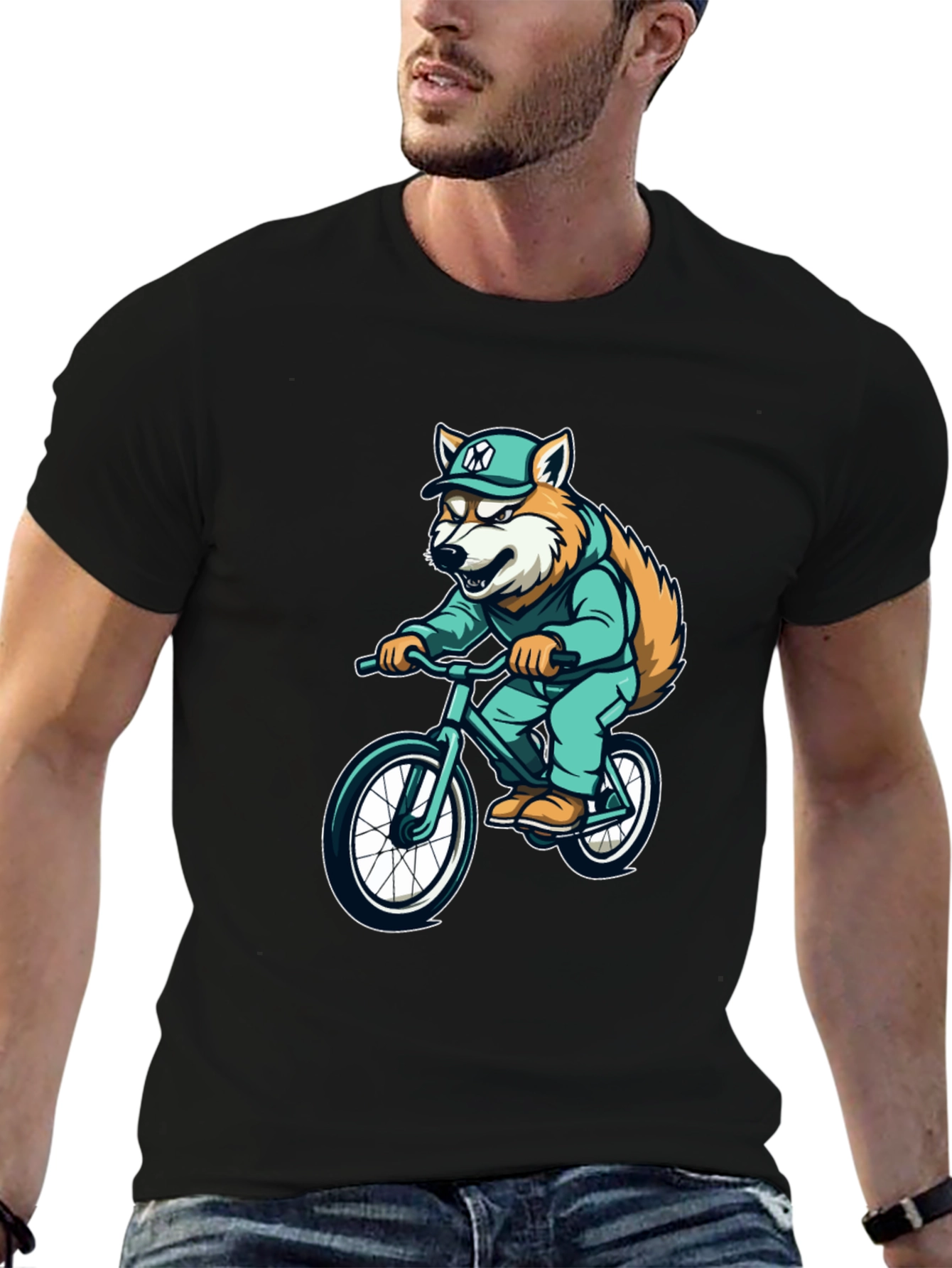 Black Cool Fox Biker Graphic Tee - Trendy Style view 6
