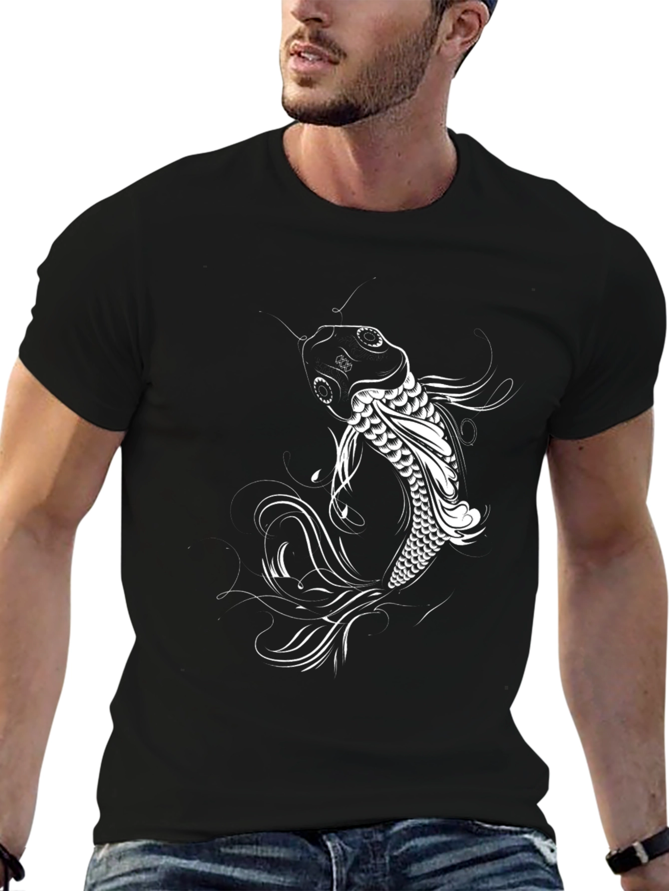 Black Koi Fish Graphic Tee - Stylish Black Cotton T-Shirt view 6