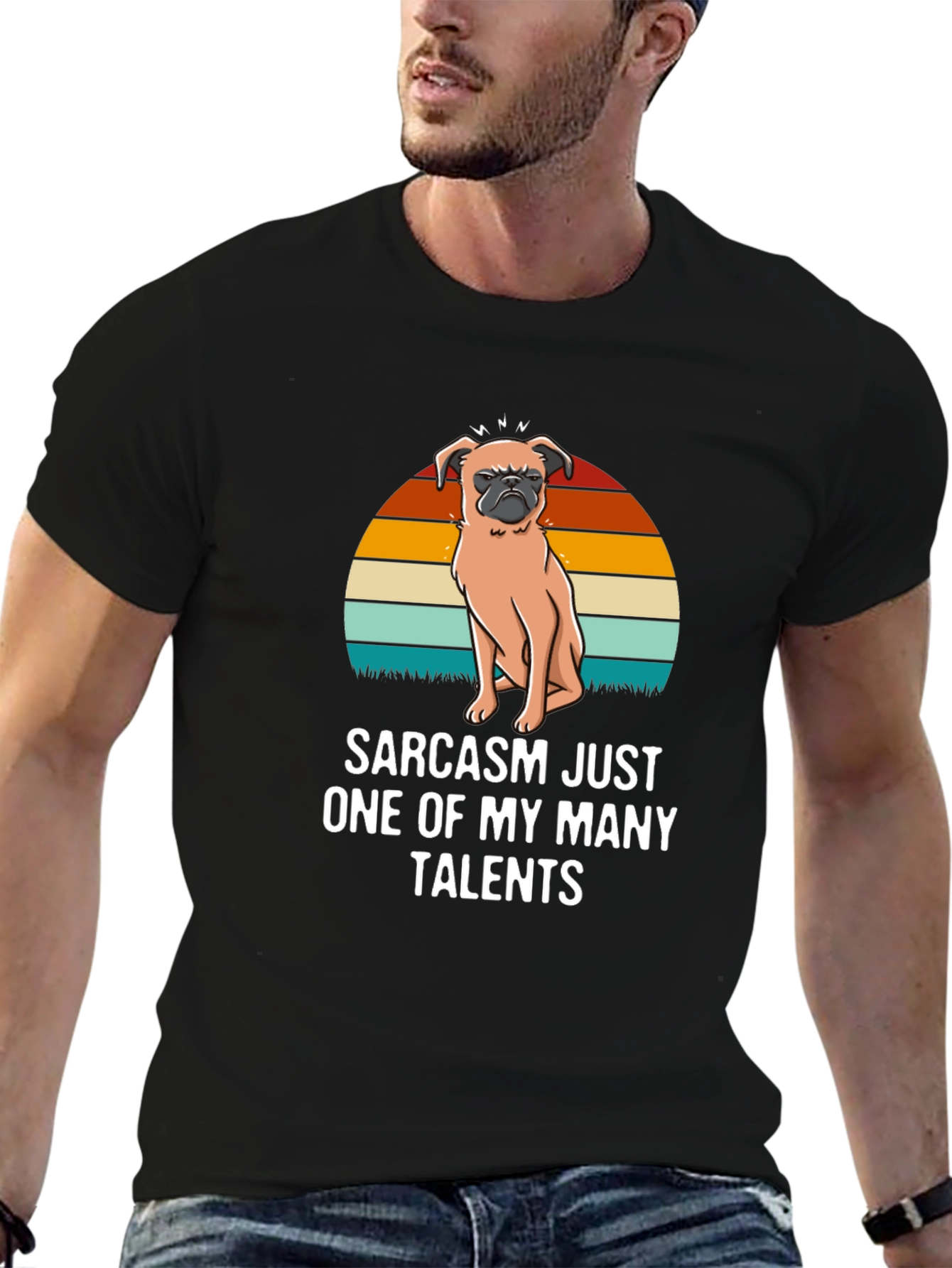 Black Sarcastic Pug Men's Black T-Shirt view 6