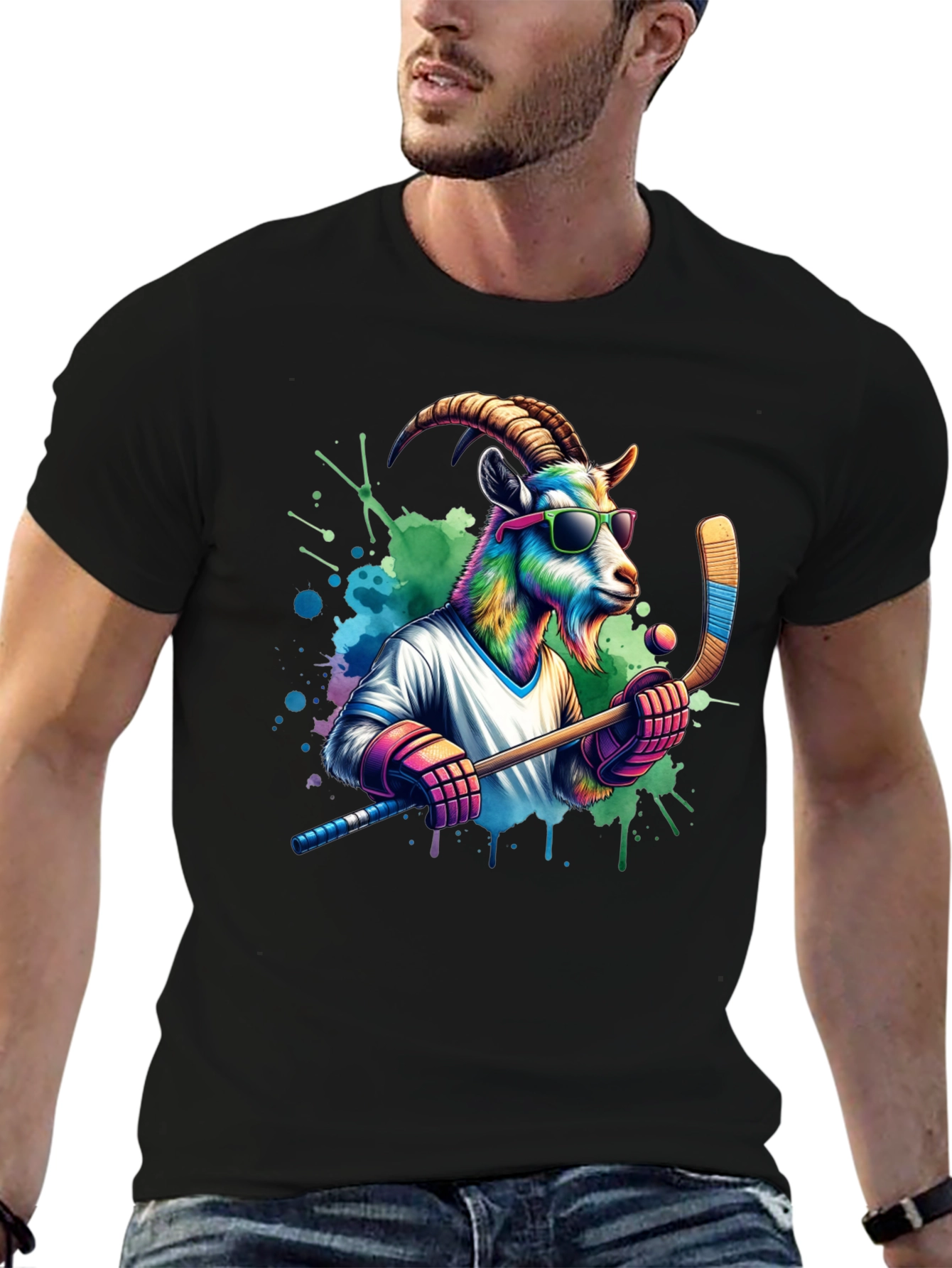 Black Cool Goat Hockey Player Graphic Tee view 6