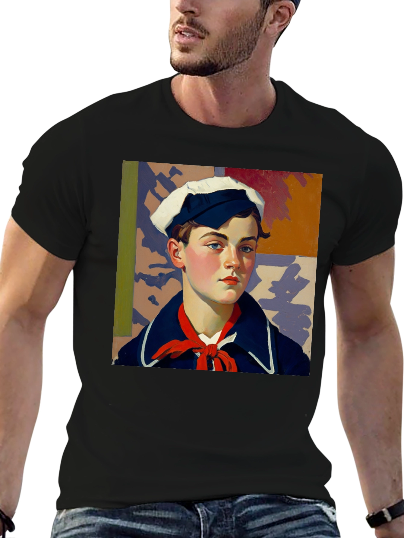 Black Vintage Sailor Portrait Black T-Shirt view 6