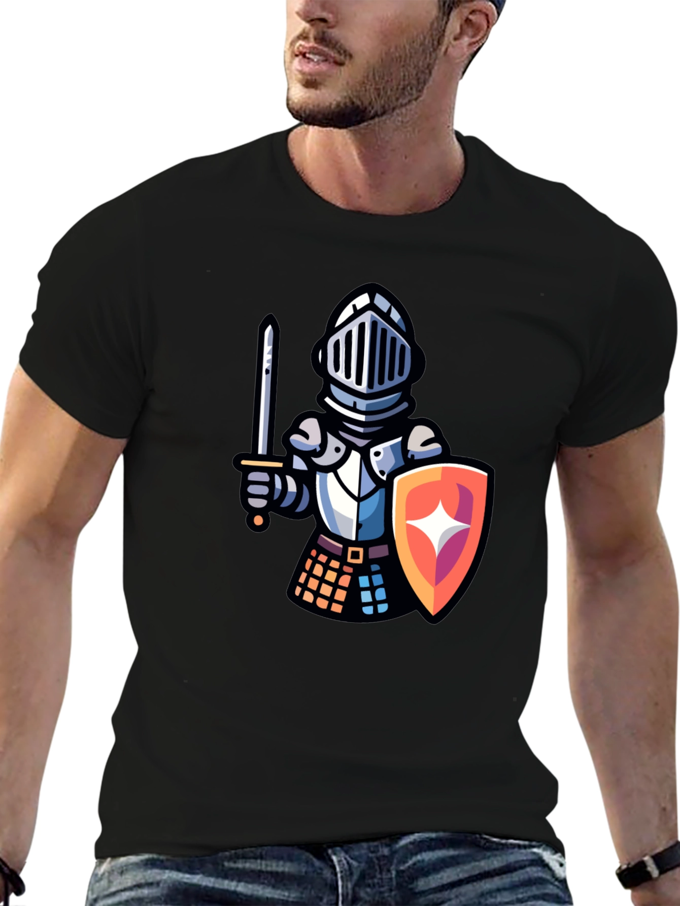 Black Knight Cartoon Graphic T-Shirt - Black Crew Neck Tee view 6