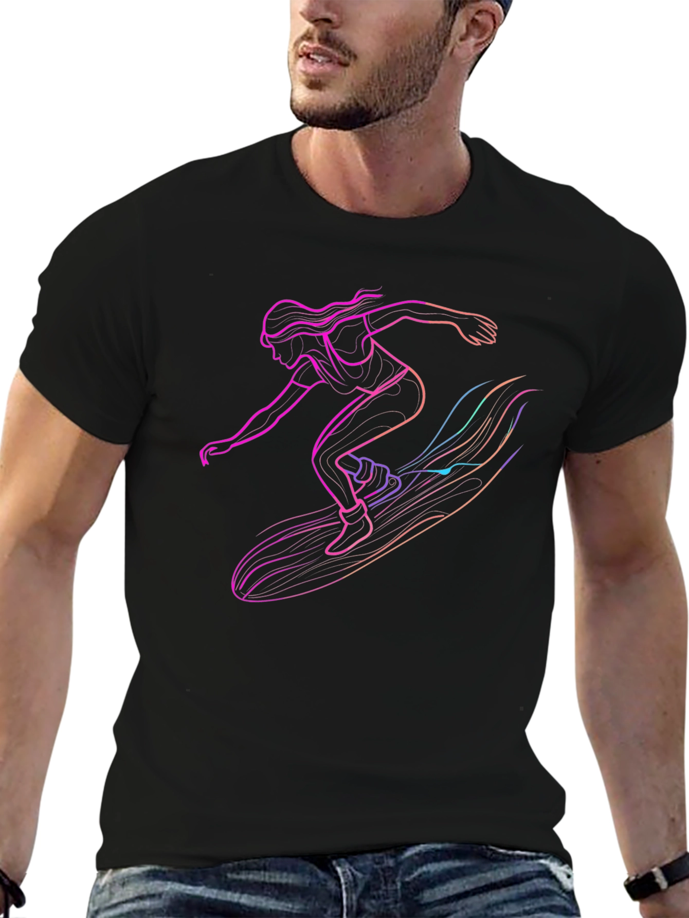 Black Surfing Silhouette Graphic Tee - Black Cotton T-Shirt view 6