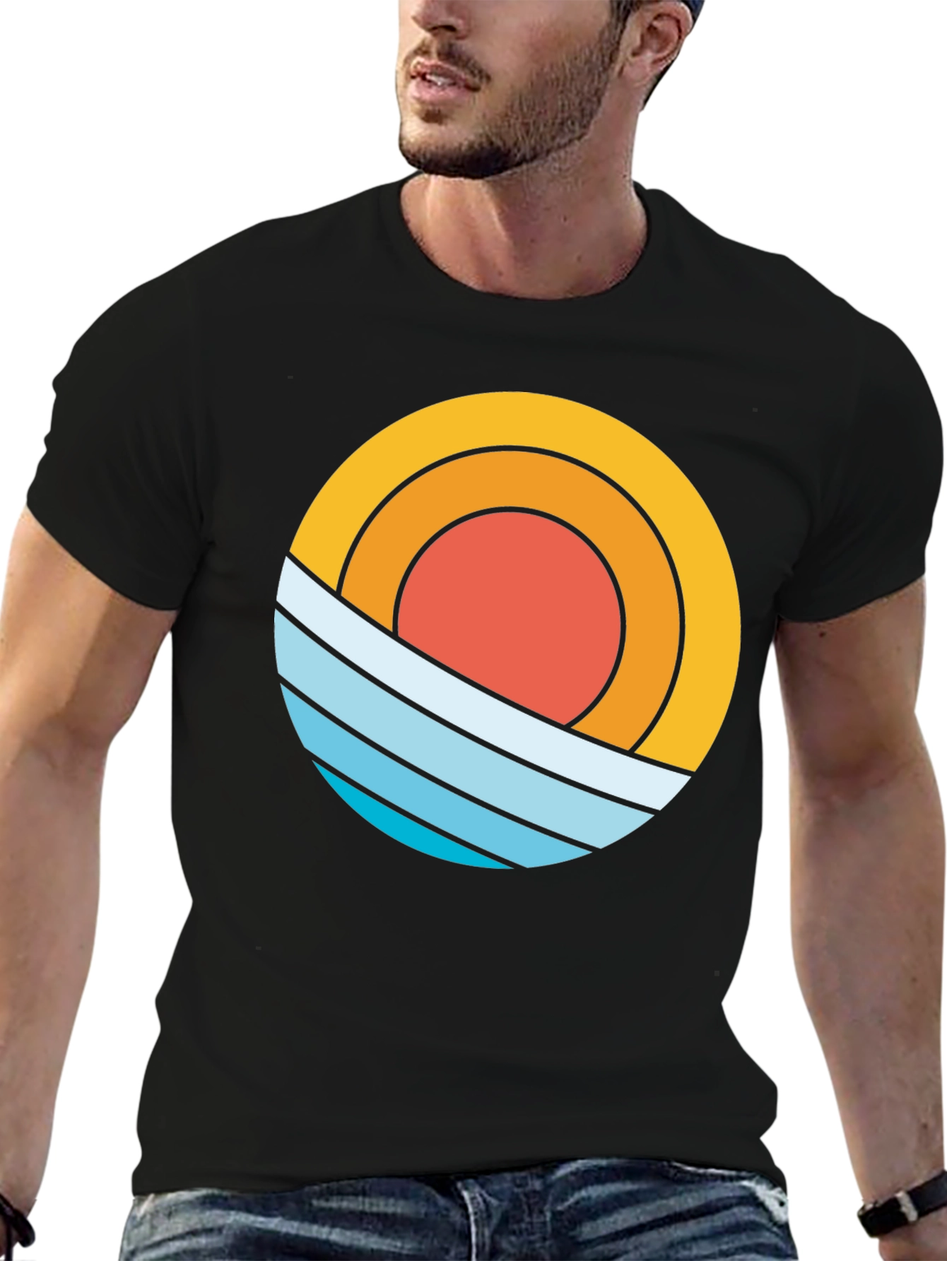 Black Retro Sun & Waves Graphic Tee - Black Cotton T-Shirt view 6
