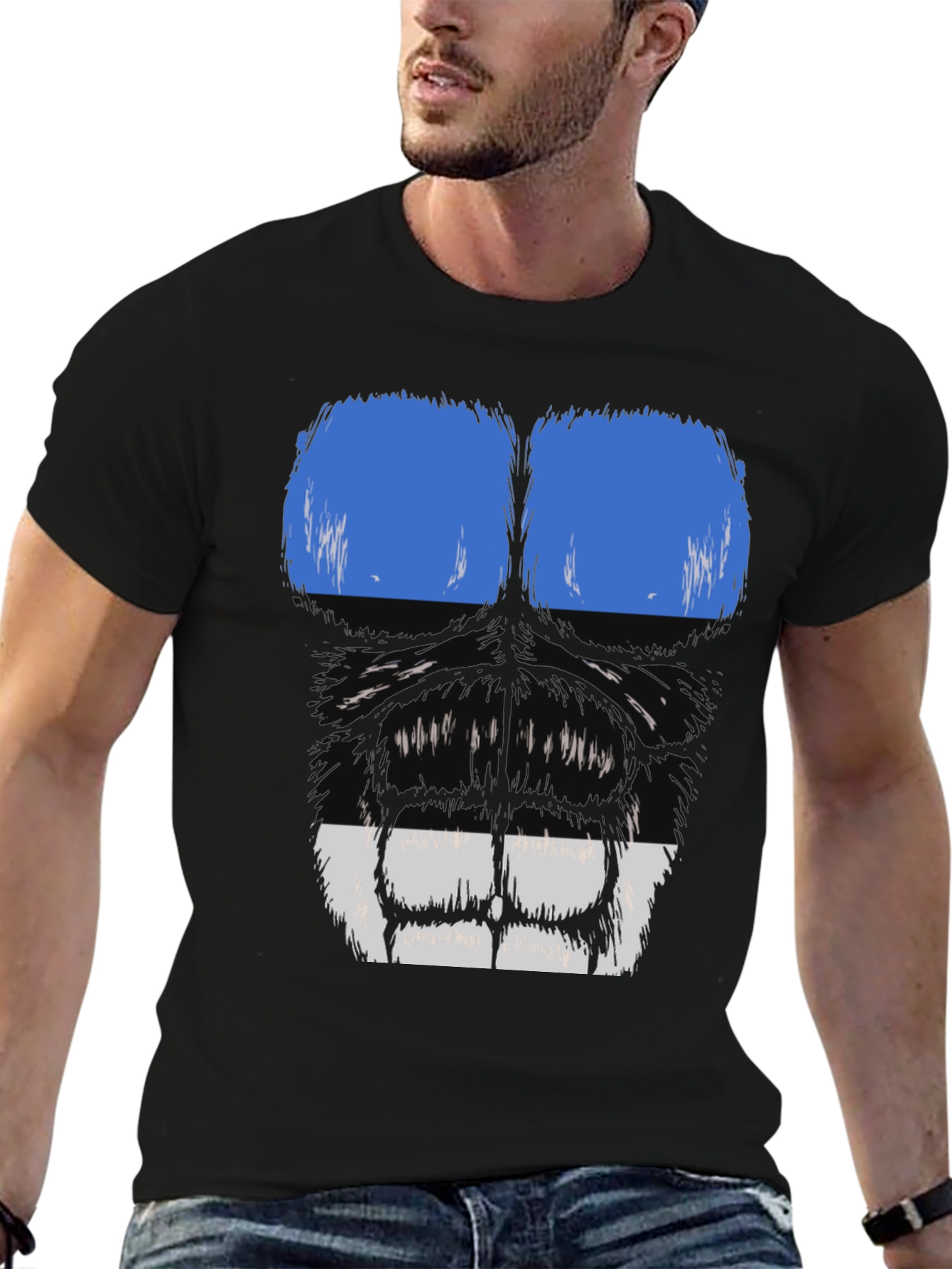 Black Gorilla Face Graphic T-Shirt - Blue & White view 6