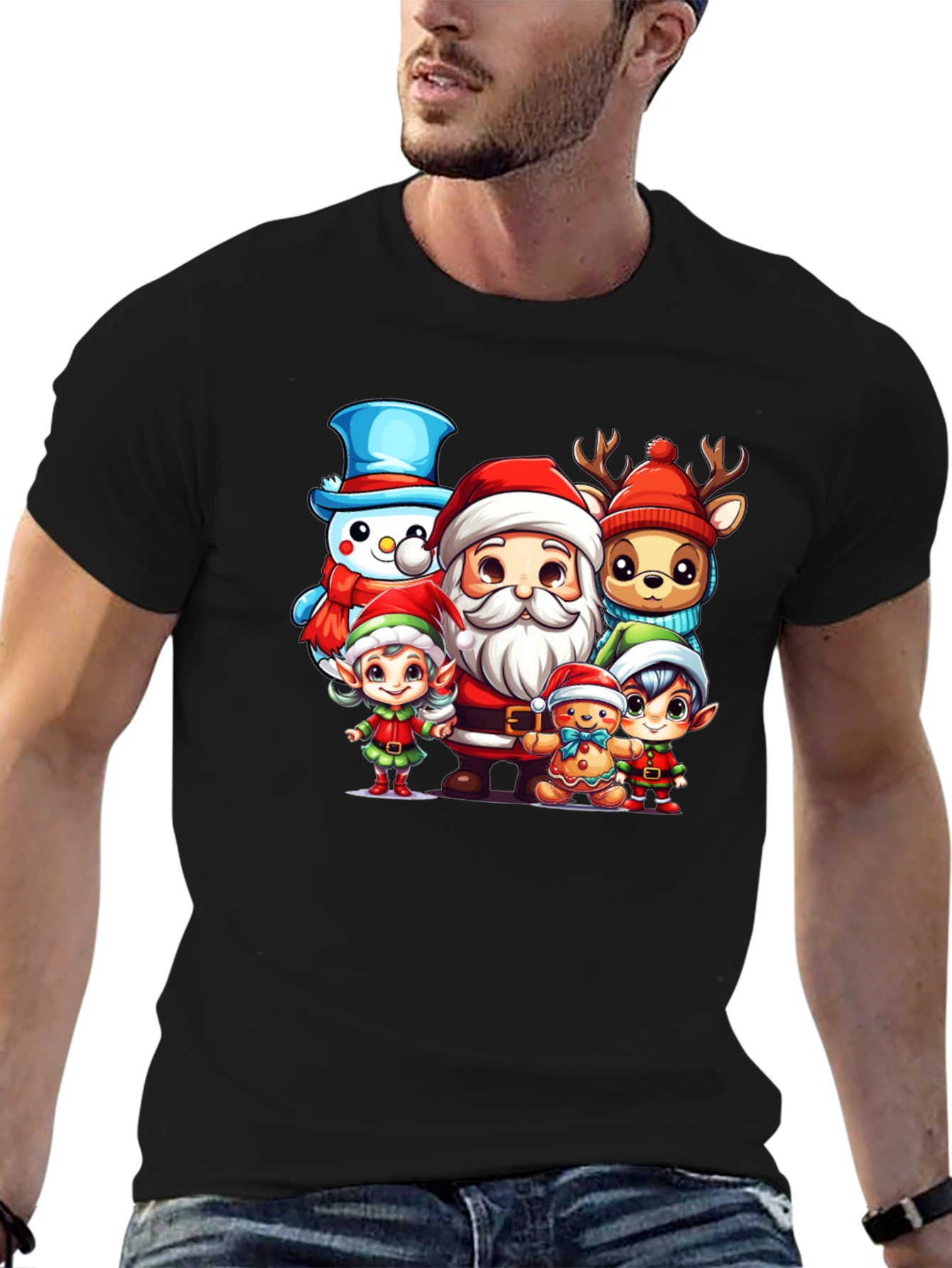 Black Festive Christmas Cartoon Crew Black T-Shirt view 6