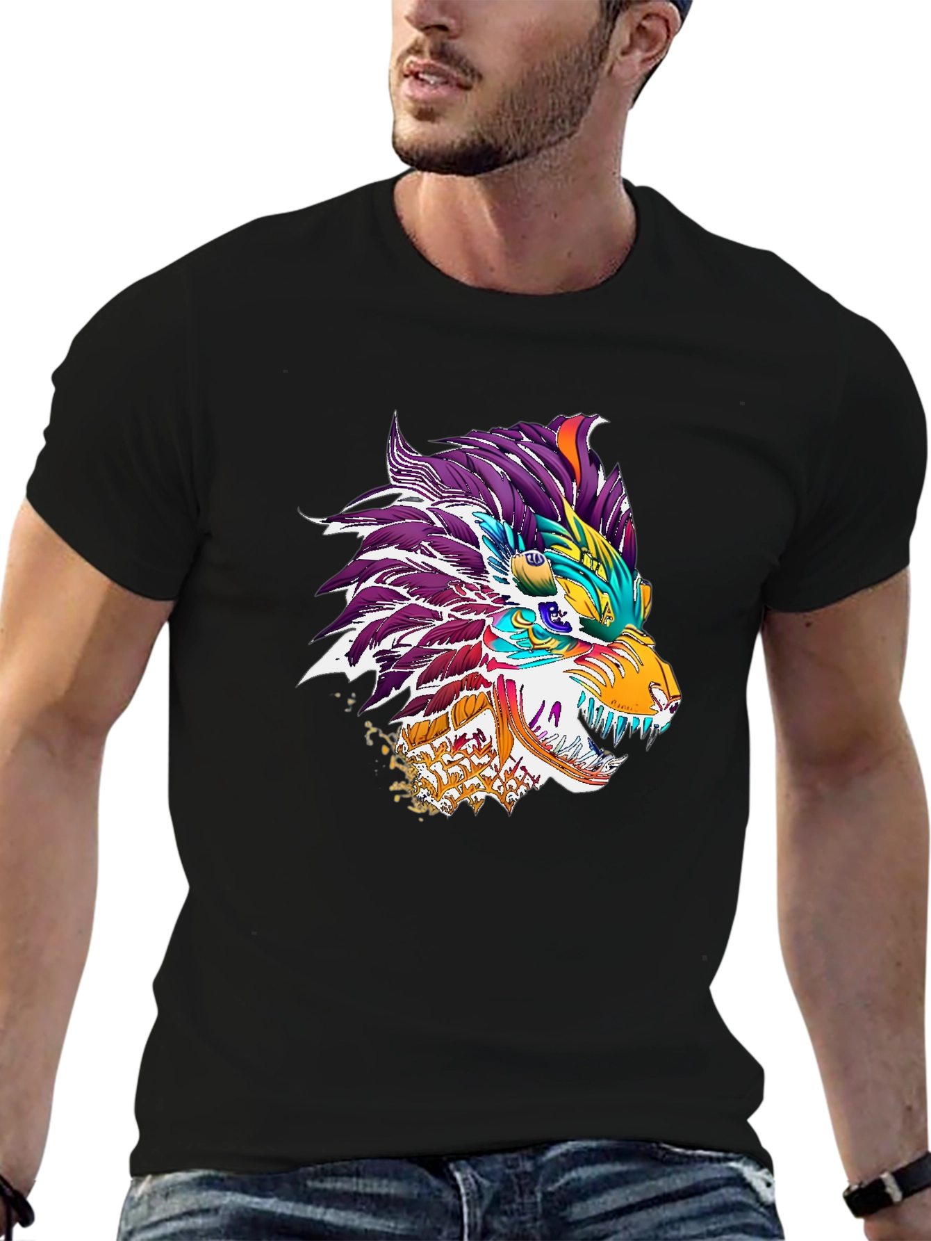 Black Colorful Dragon Wolf Graphic Tee - Black view 6