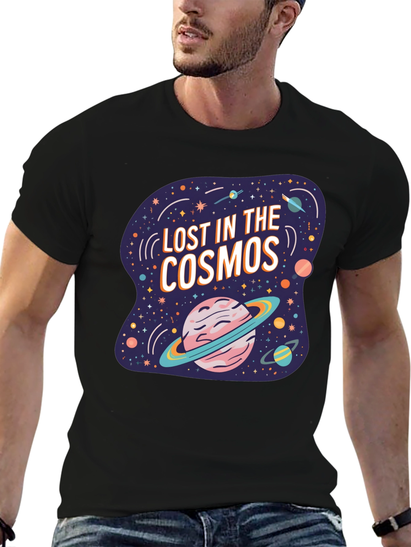Black Lost in the Cosmos Graphic Tee - Black Cotton T-Shirt view 6