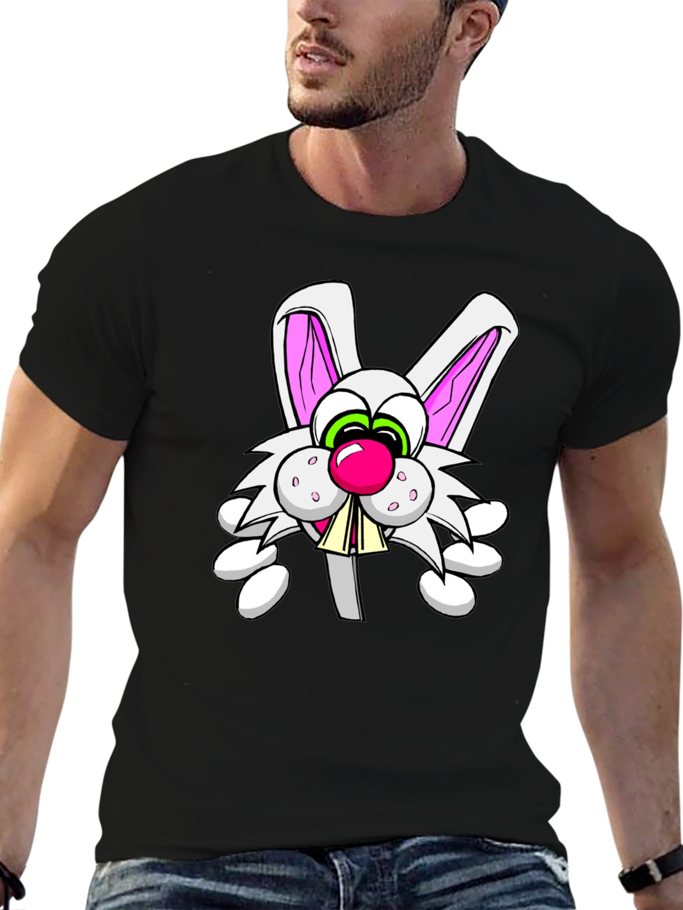 Black Cartoon Rabbit Graphic Tee - Funny Bunny T-Shirt view 6