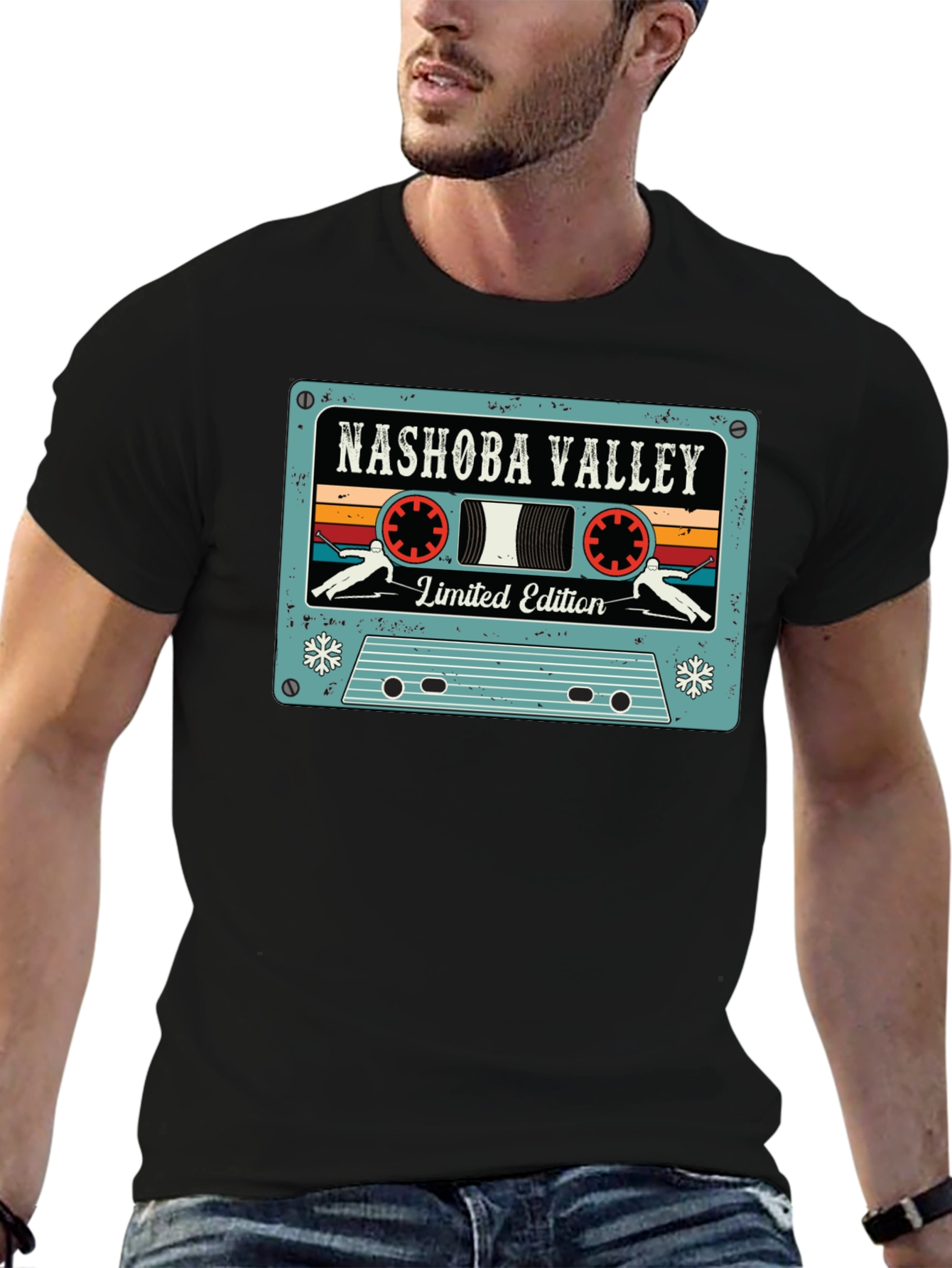 Black Nashoba Valley Ski Cassette Tape Black T-Shirt view 6