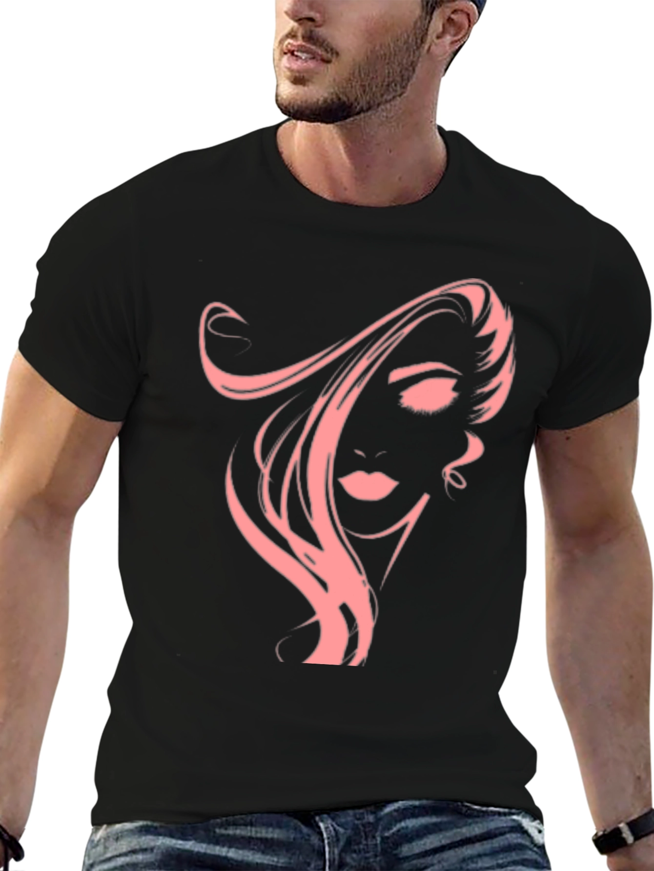 Black Stylish Black T-Shirt with Pink Woman Portrait Graphic view 6