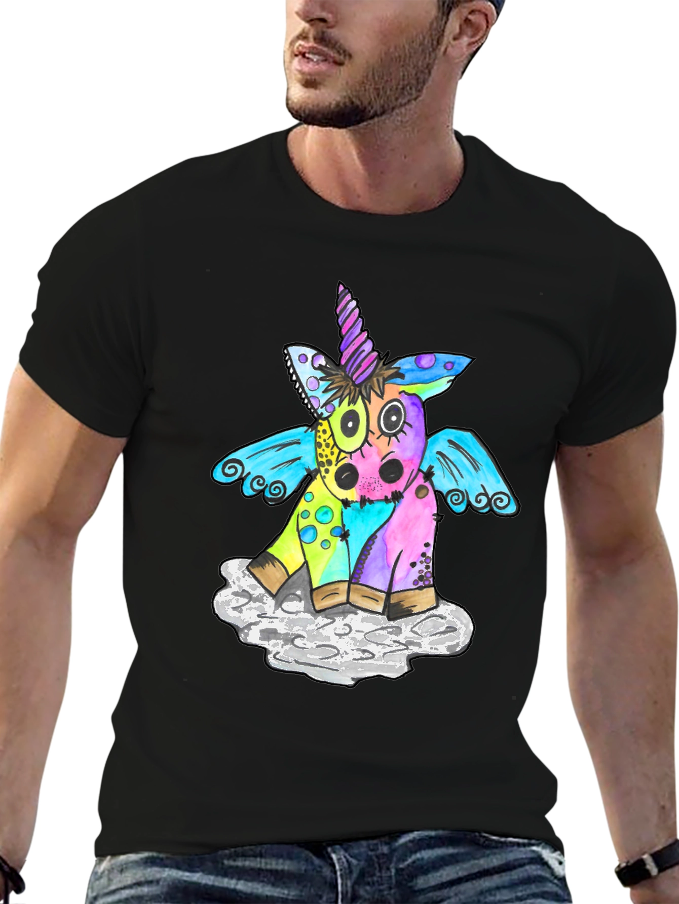 Black Unicorn Graphic T-Shirt, Men's Black Tee view 6