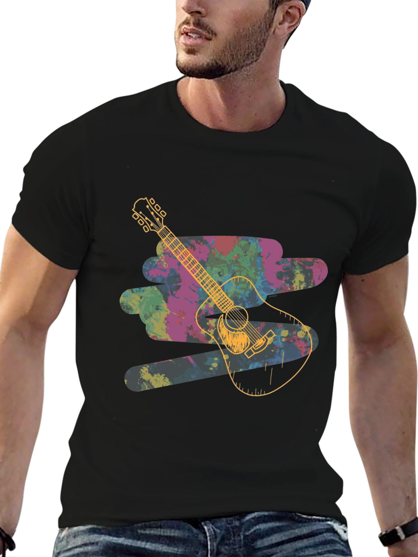 Black Guitar Splash Graphic Tee - Unique Colorful Design view 6