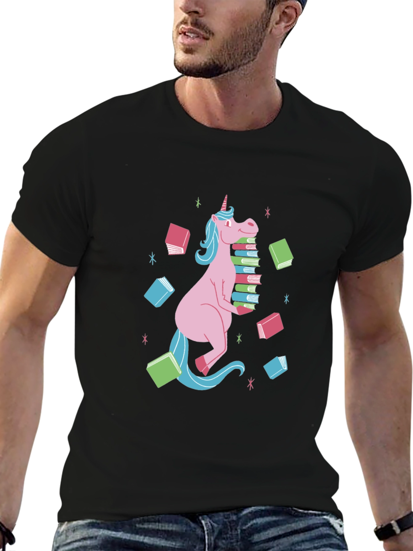 Black Unicorn Reading T-Shirt - Black, Cute Graphic Tee view 6