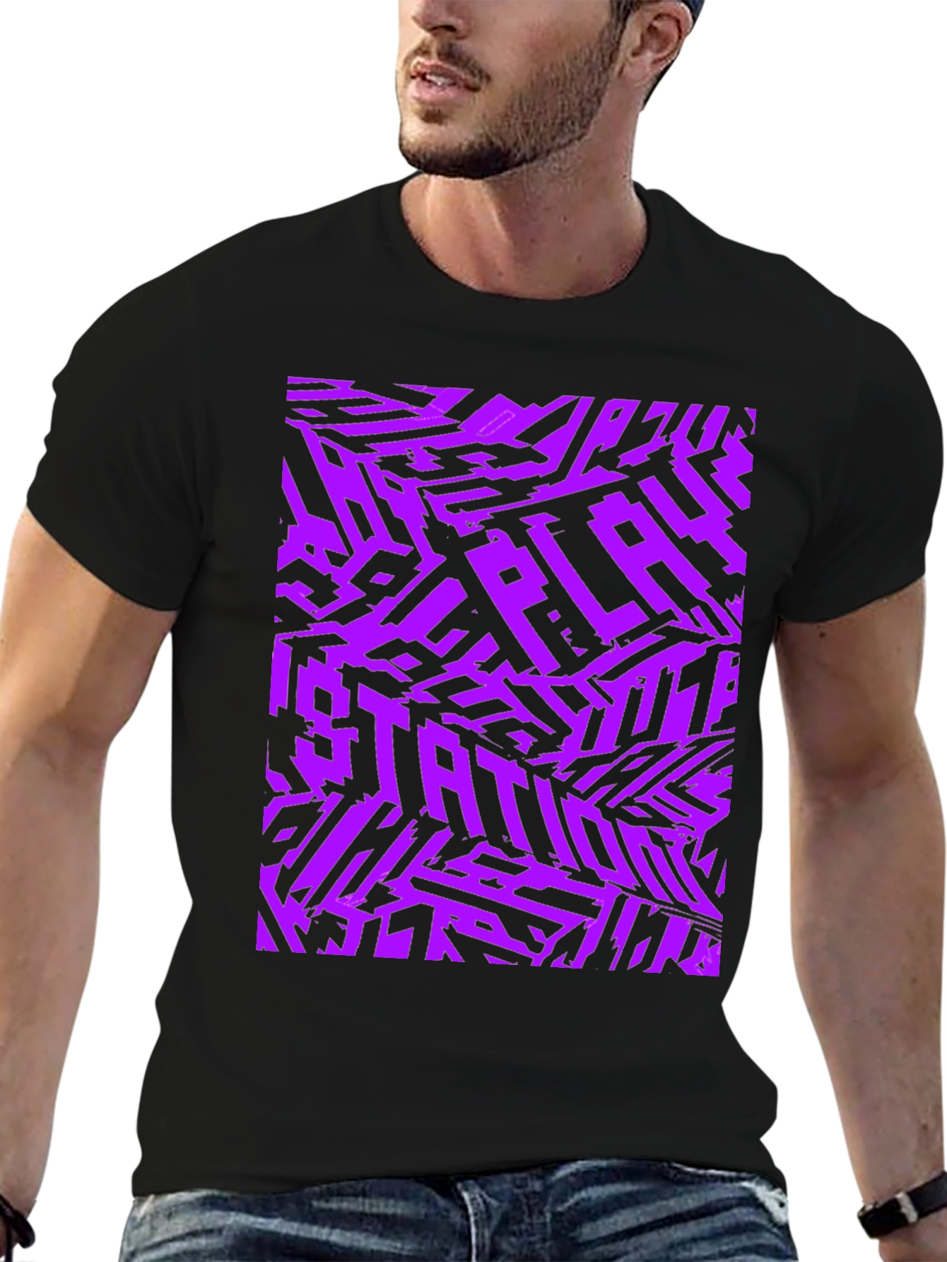 Black Abstract Purple Graphic Print Black T-Shirt view 6