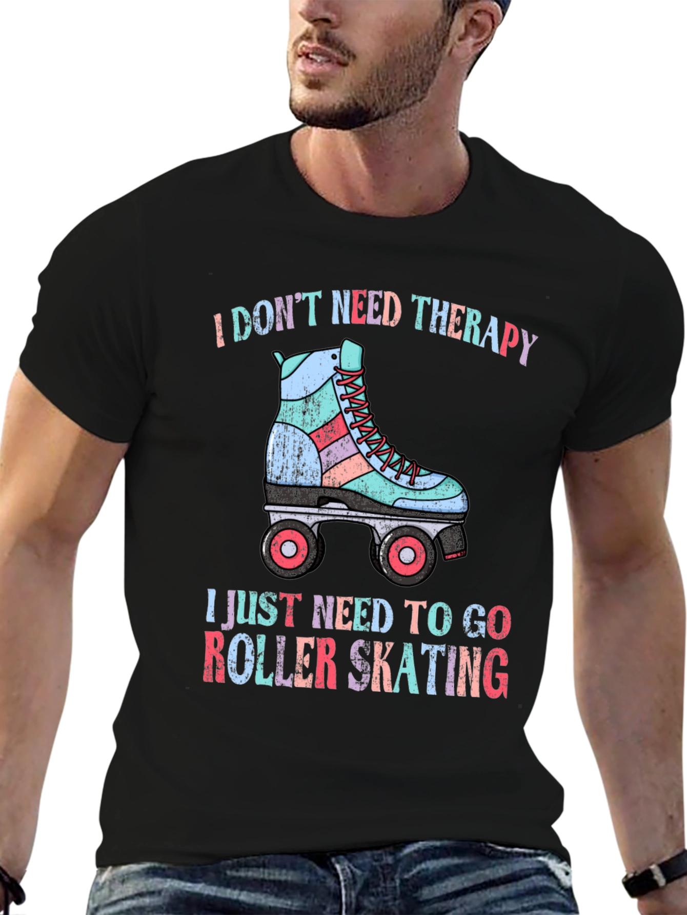 Black I Don't Need Therapy Roller Skating T-Shirt view 6